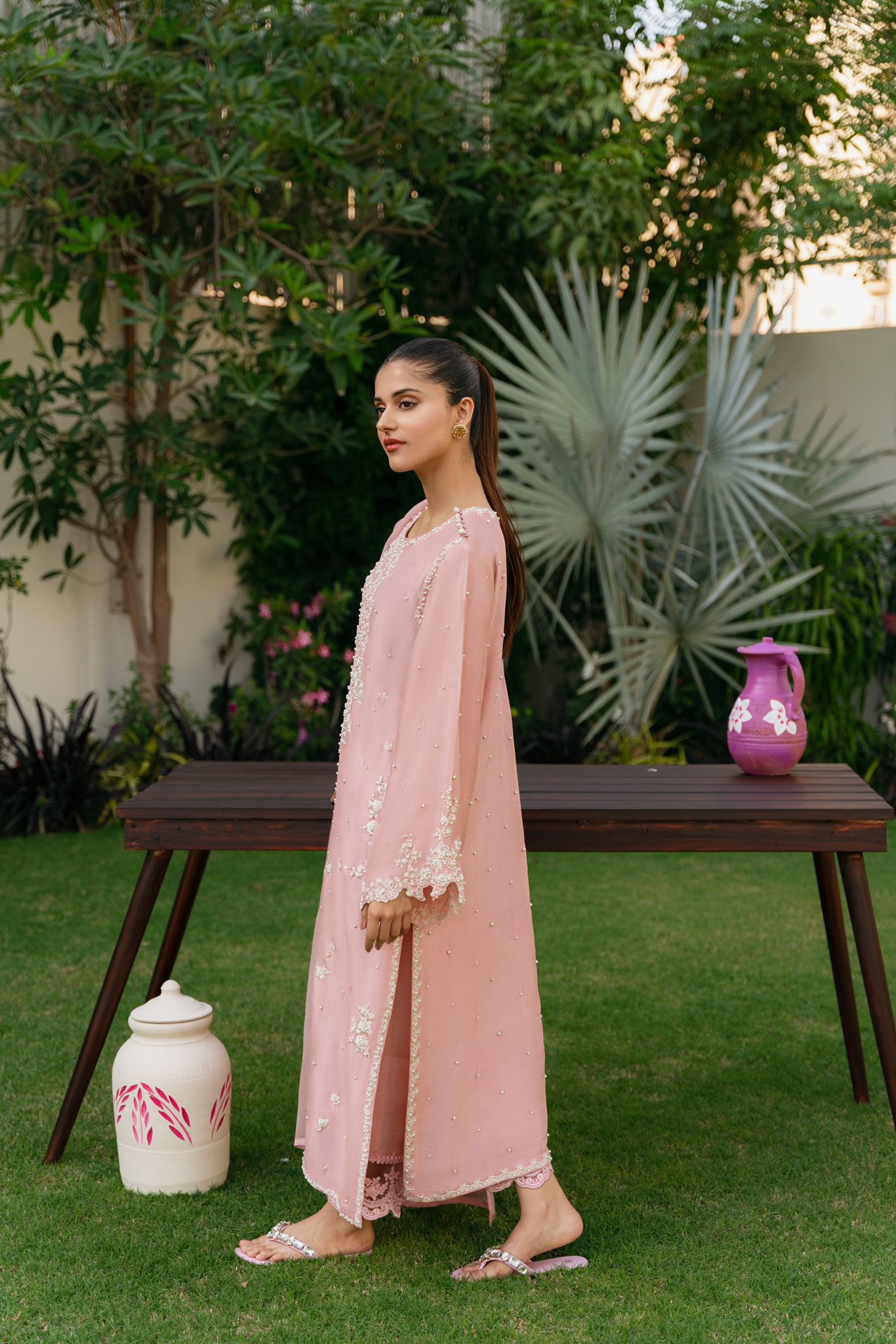 Pakistani Tea Pink Embroidered Pure Raw Silk Salwar Kameez (3-Piece) - Image 5