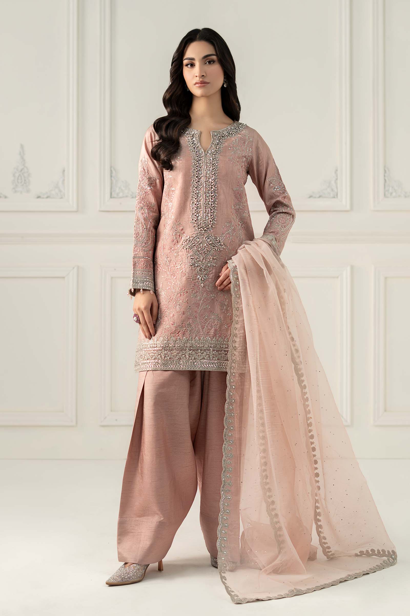 Light Pink Embroidered Raw Silk 3-Piece Suit - Image 1