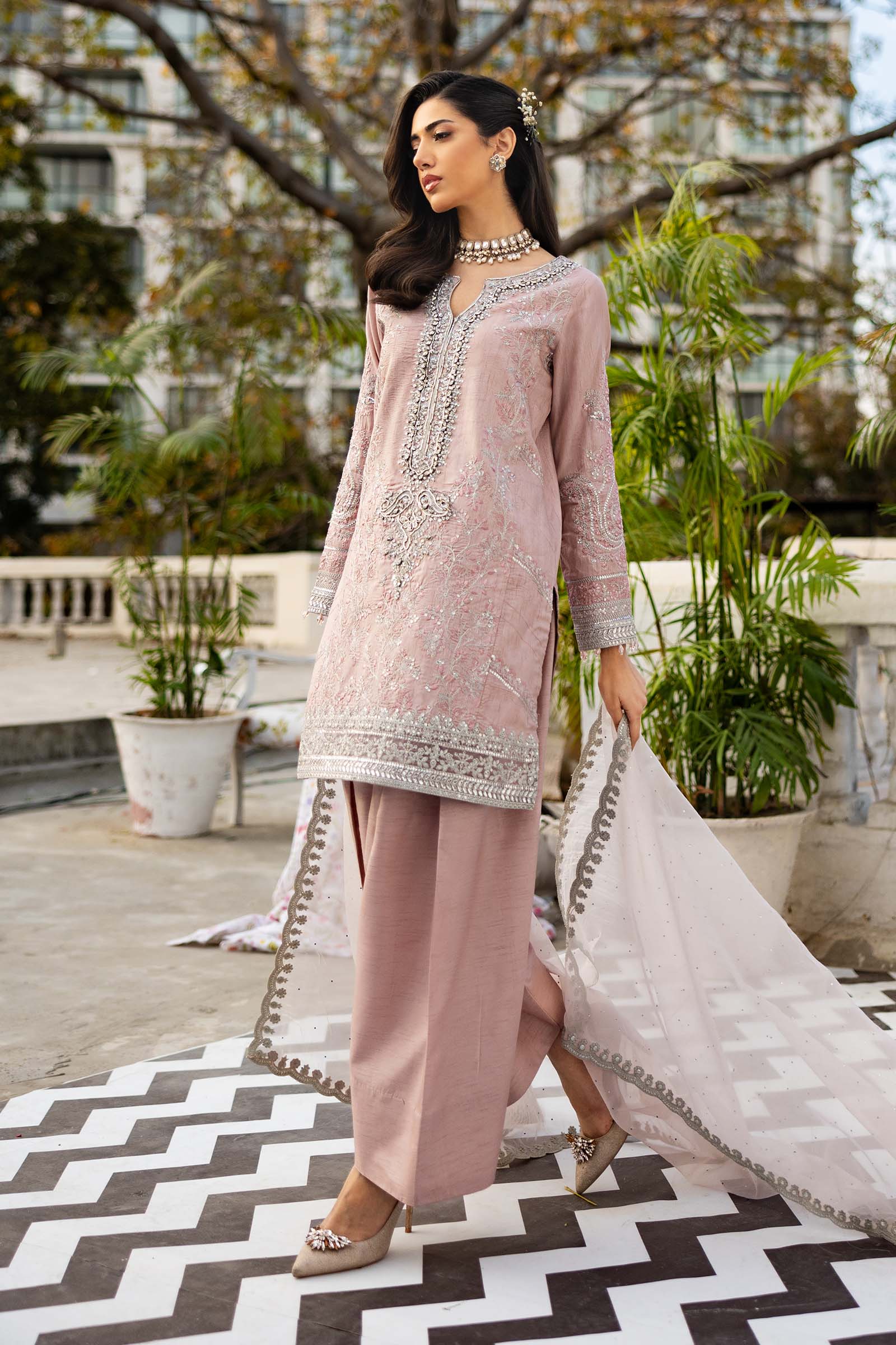 Light Pink Embroidered Raw Silk 3-Piece Suit - Image 13