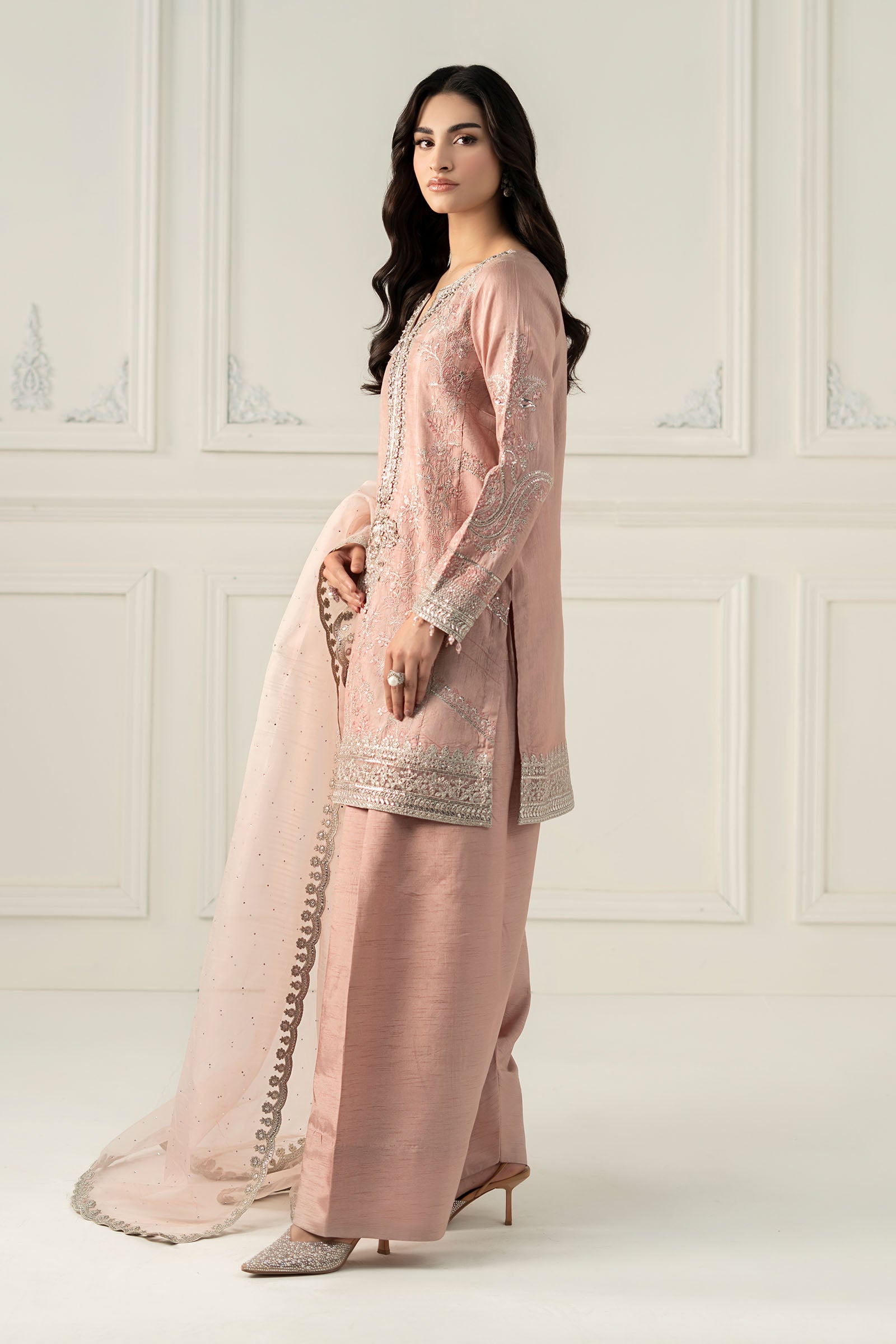 Light Pink Embroidered Raw Silk 3-Piece Suit - Image 14