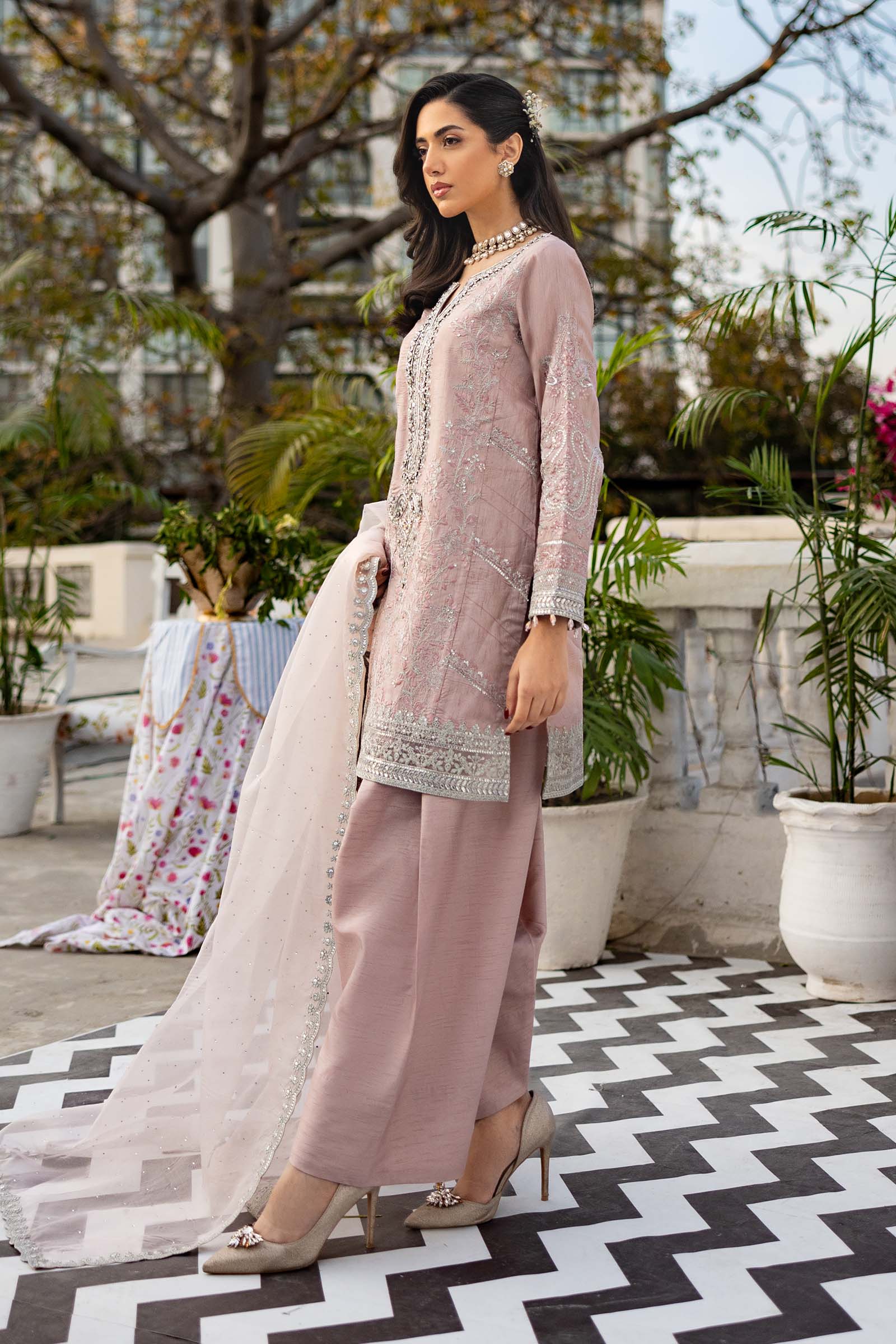 Light Pink Embroidered Raw Silk 3-Piece Suit - Image 4