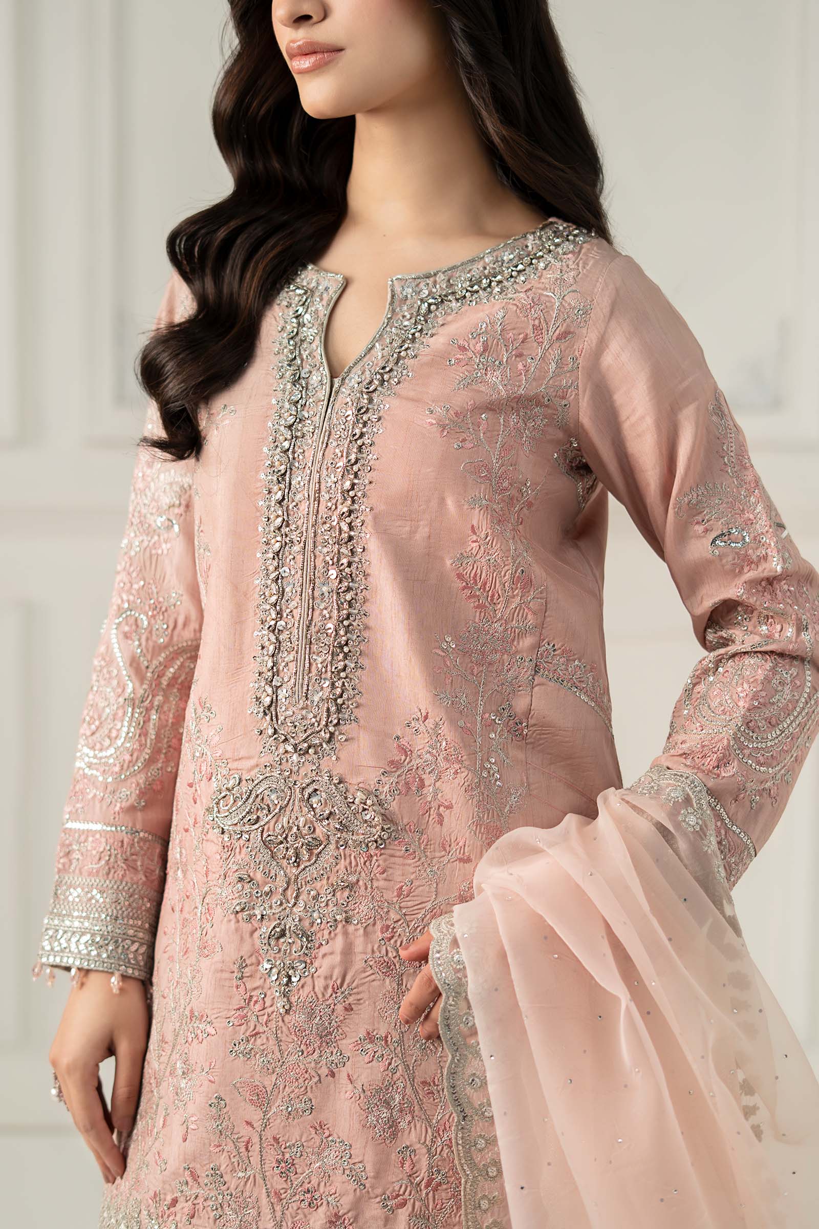 Light Pink Embroidered Raw Silk 3-Piece Suit - Image 8
