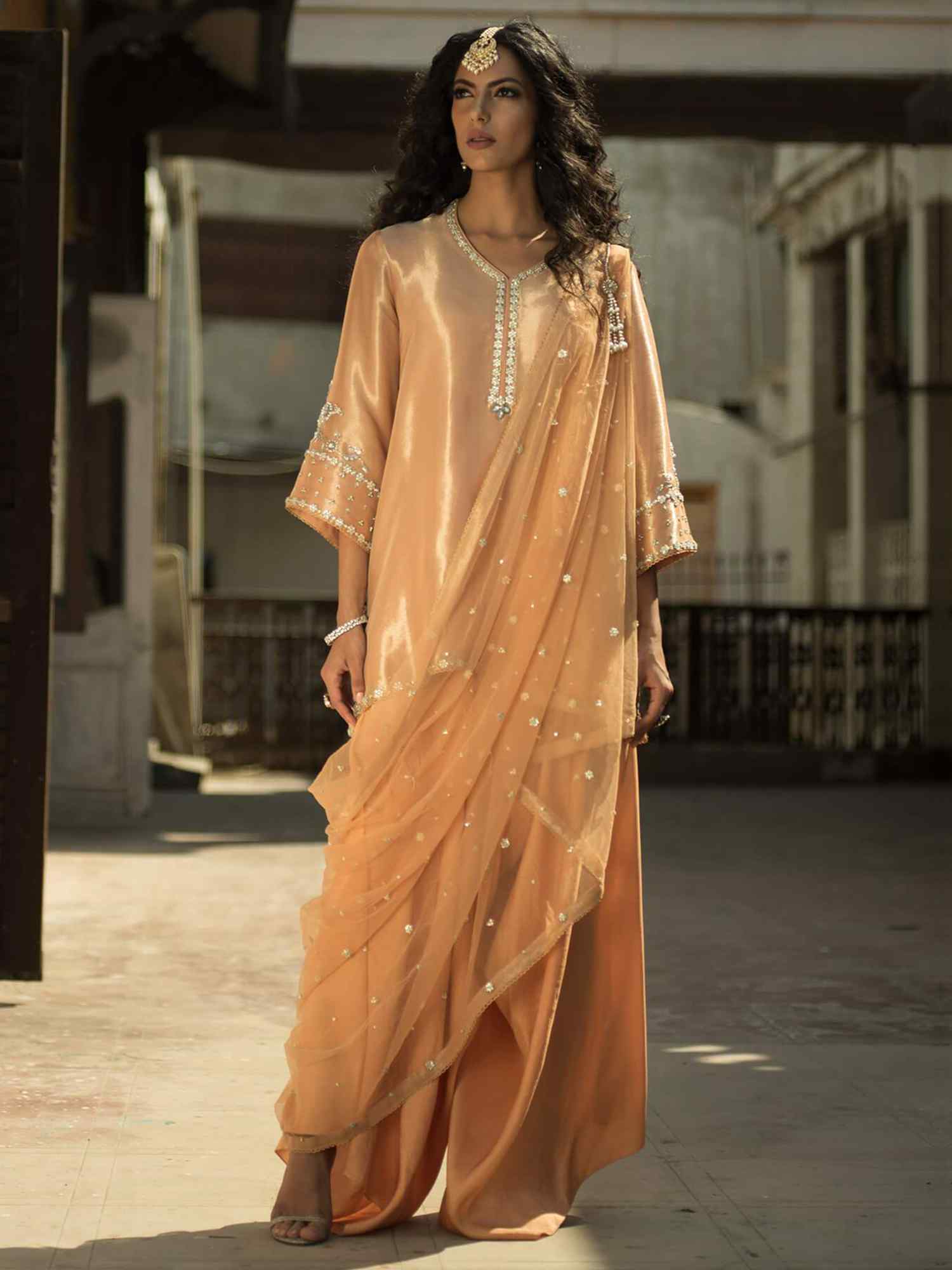 Pakistani Peach Nectar Zardosi Tissue & Silk Salwar Kameez (3-Piece) - Image 2