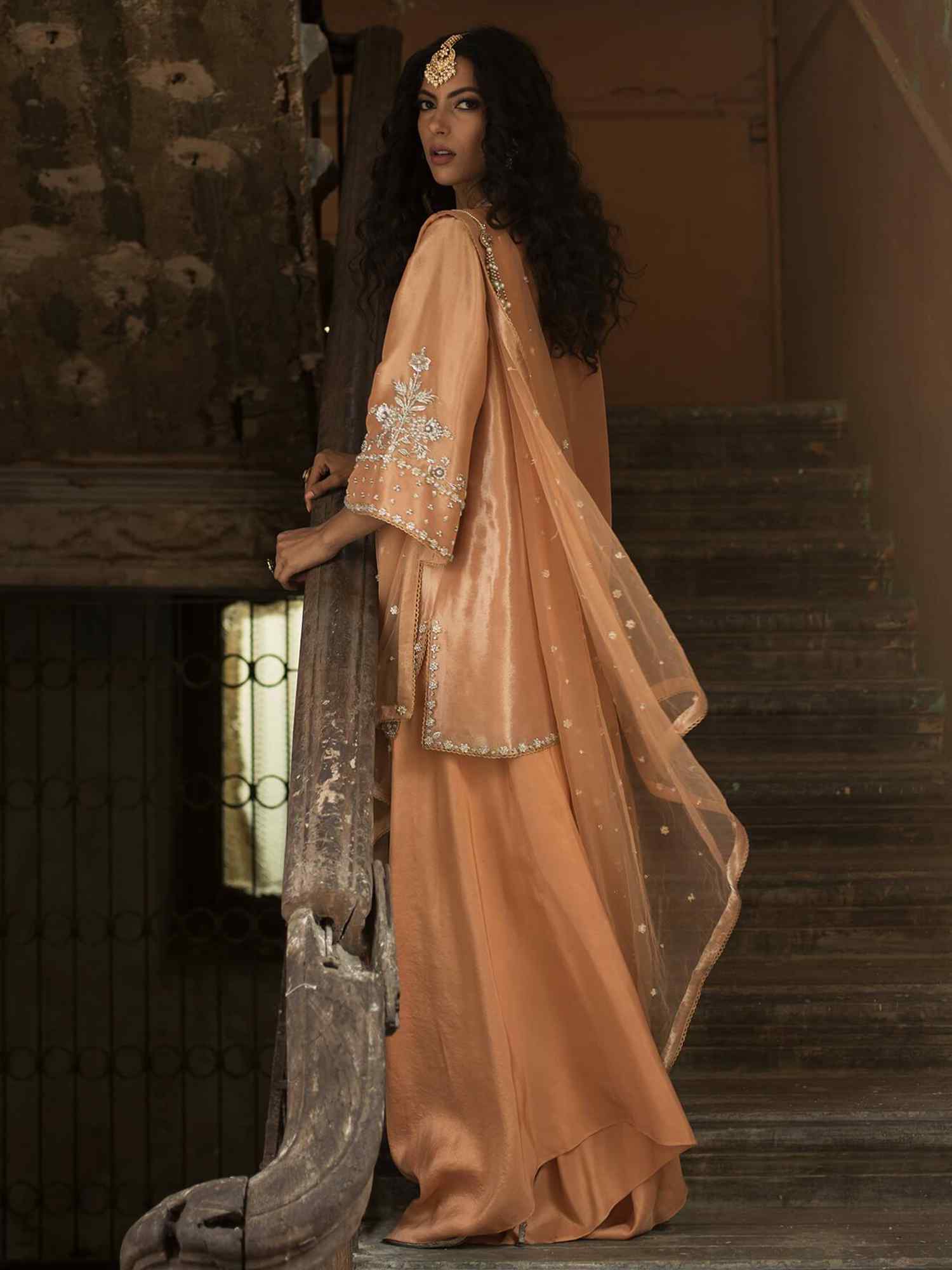 Pakistani Peach Nectar Zardosi Tissue & Silk Salwar Kameez (3-Piece) - Image 3
