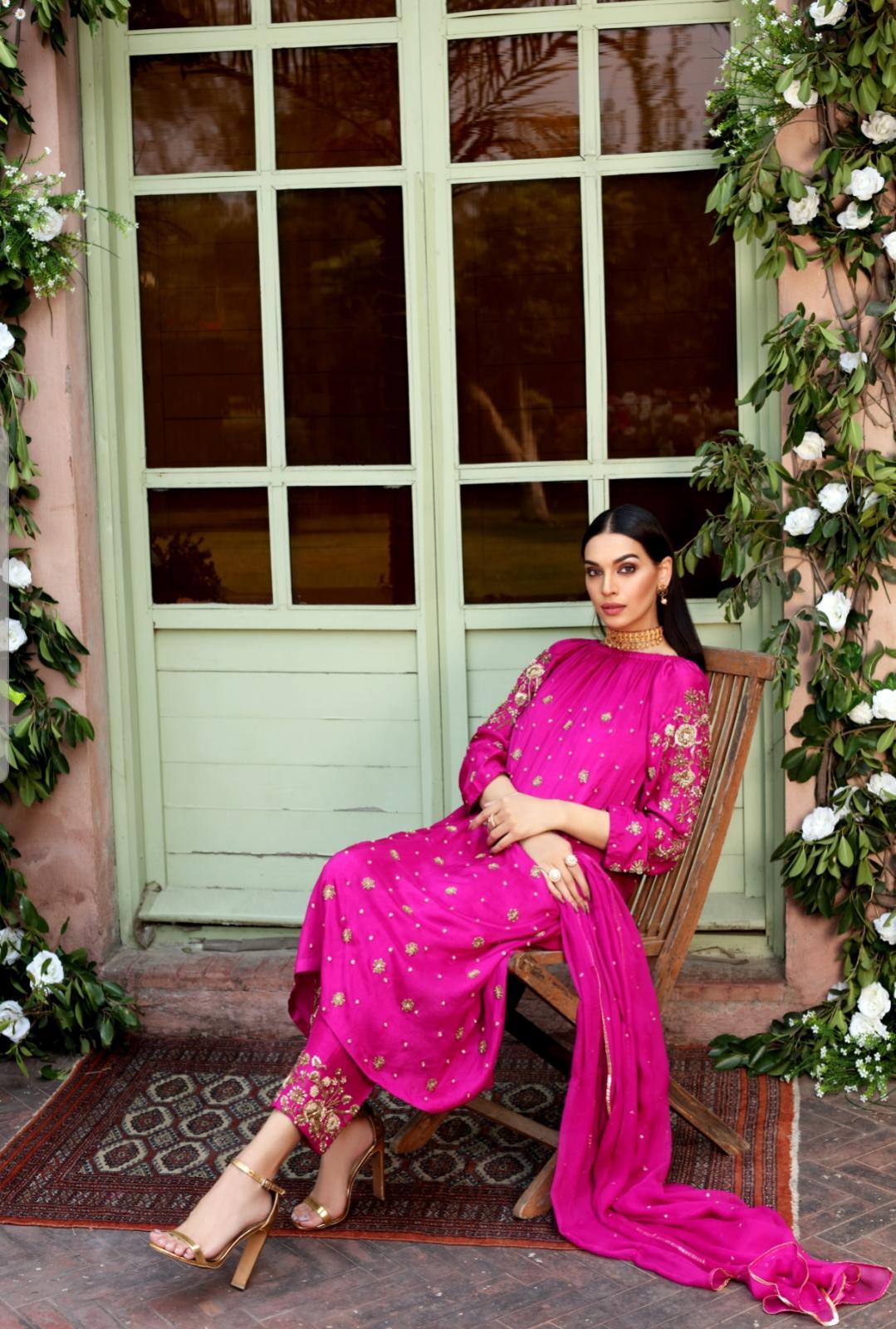 Magenta Zardosi Raw Silk Salwar Kameez (3-Piece) - Image 1