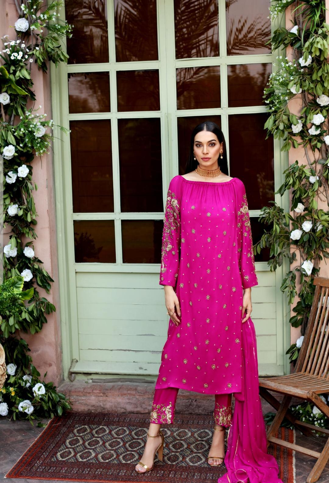 Magenta Zardosi Raw Silk Salwar Kameez (3-Piece) - Image 2