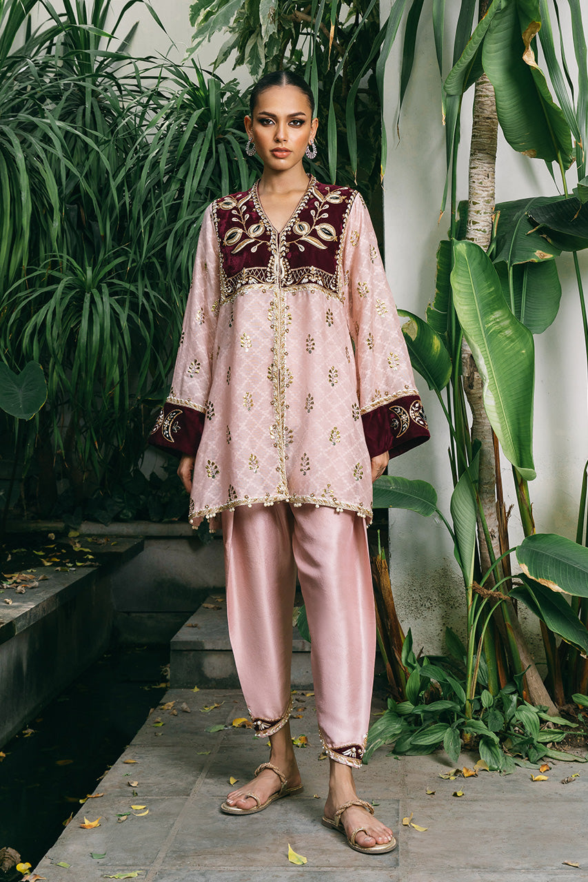 Watermelon Pink Embroidered Cotton Net & Raw Silk Salwar Kameez (2-Piece) - Image 1