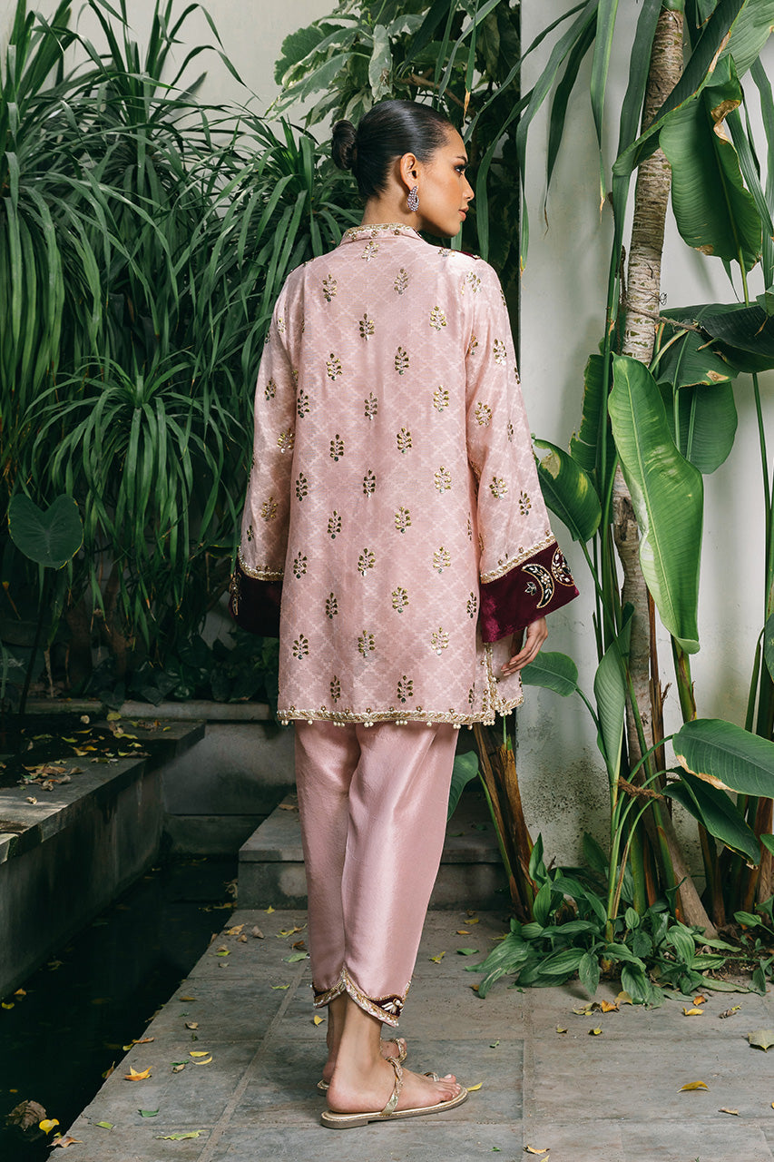 Watermelon Pink Embroidered Cotton Net & Raw Silk Salwar Kameez (2-Piece) - Image 2