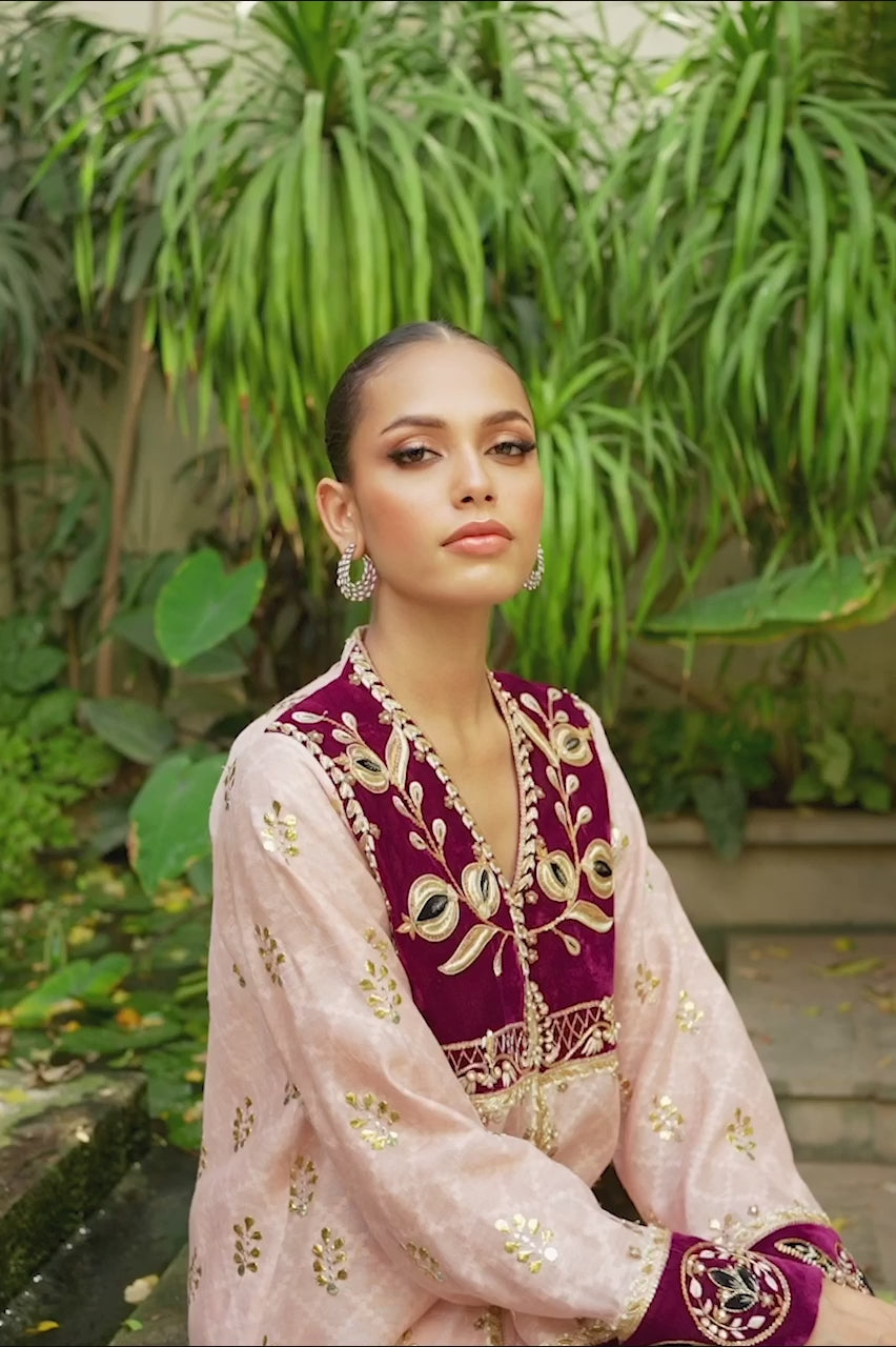 Watermelon Pink Embroidered Cotton Net & Raw Silk Salwar Kameez (2-Piece) - Image 4