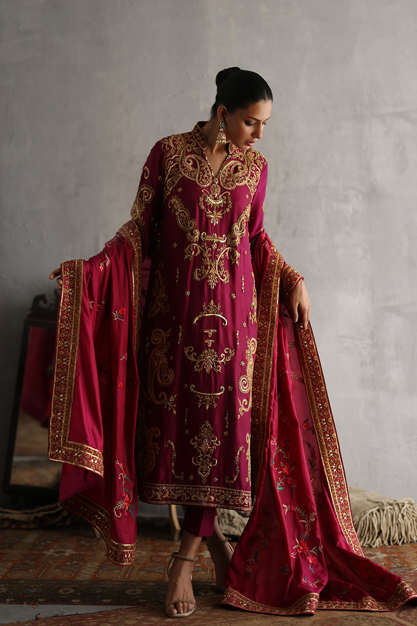 Magenta Zardozi & Marori Raw Silk Salwar Kameez (3-Piece) - Image 8