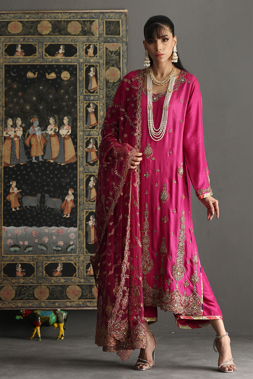 Pakistani Fuschia Pink Zardozi Raw Silk Salwar Kameez (3-Piece) - Image 1