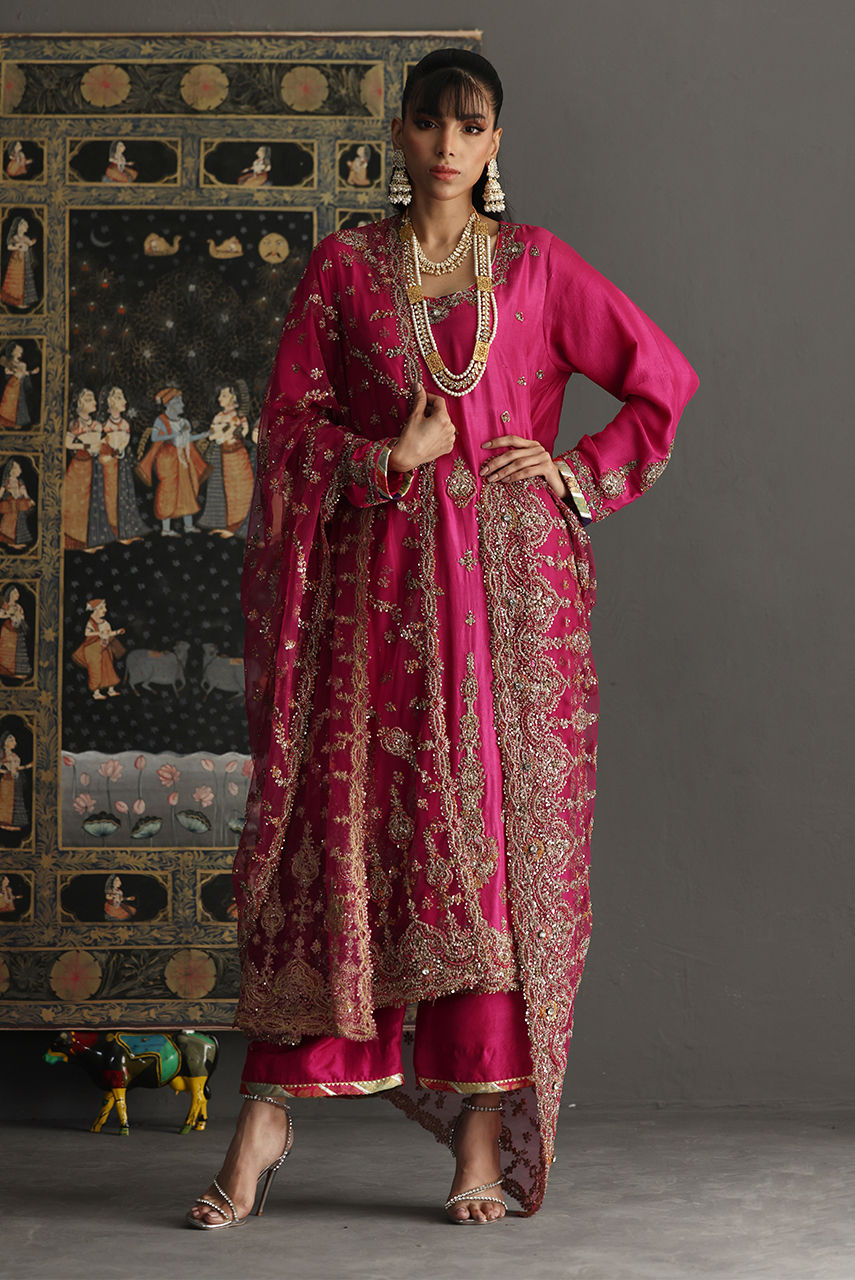 Pakistani Fuschia Pink Zardozi Raw Silk Salwar Kameez (3-Piece) - Image 2