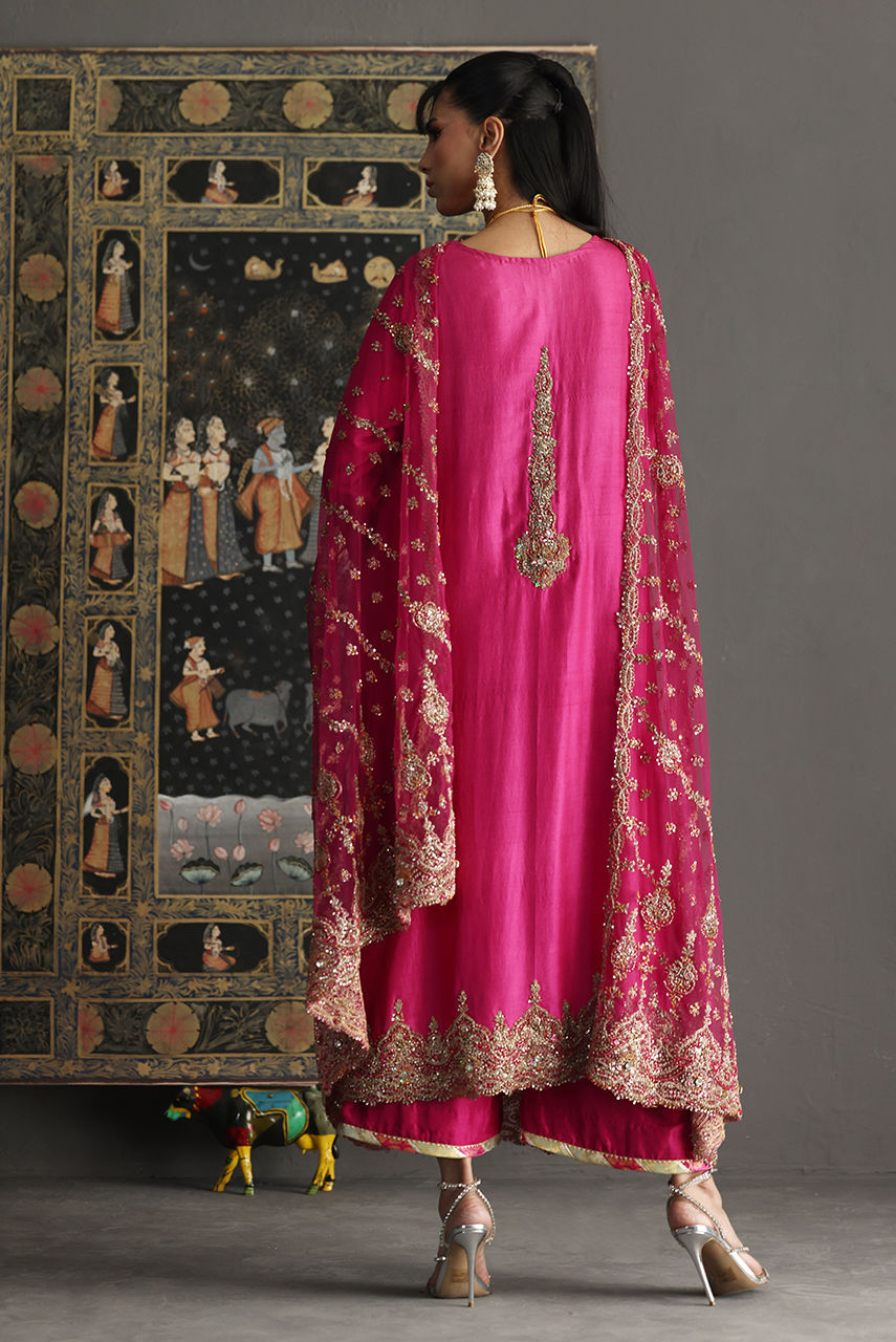 Pakistani Fuschia Pink Zardozi Raw Silk Salwar Kameez (3-Piece) - Image 3
