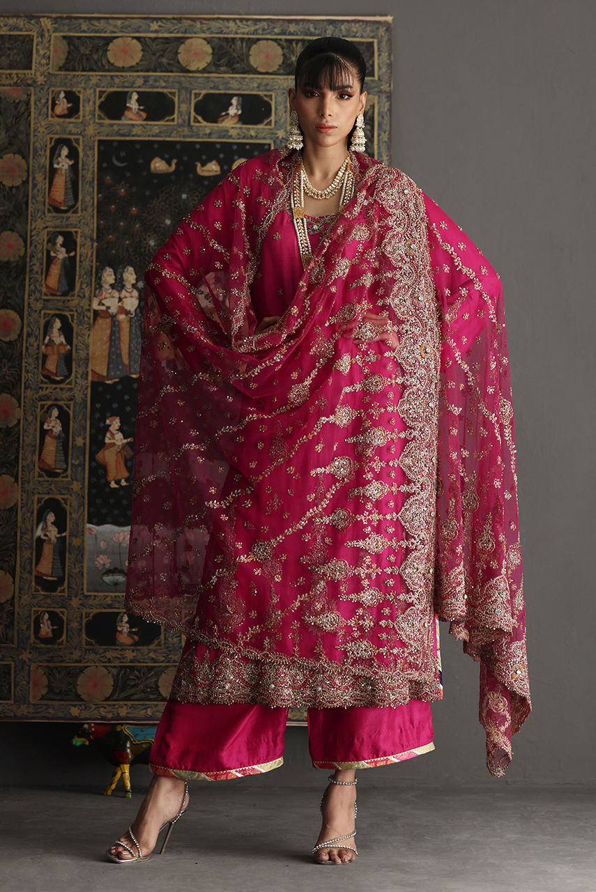 Pakistani Fuschia Pink Zardozi Raw Silk Salwar Kameez (3-Piece) - Image 5