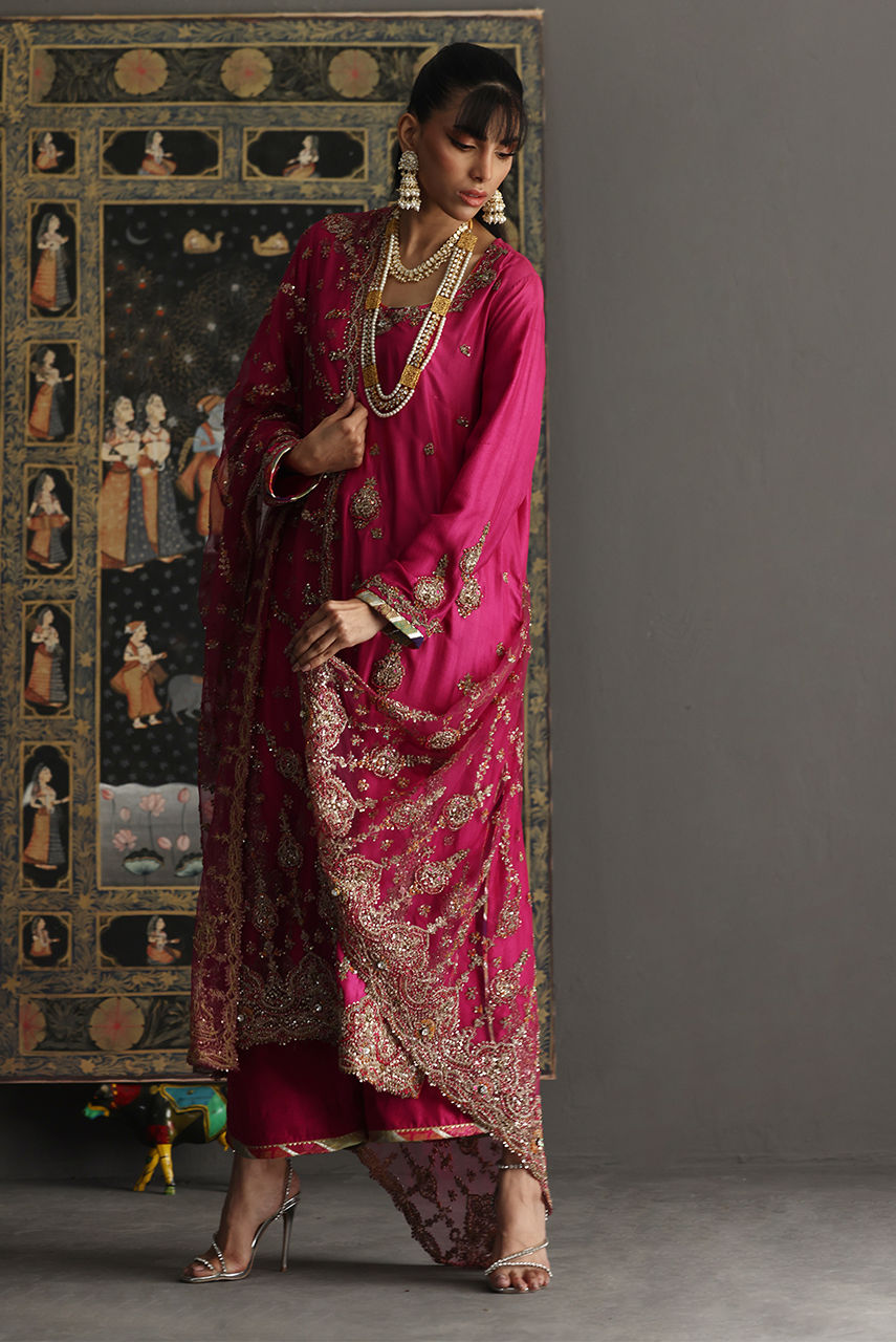 Pakistani Fuschia Pink Zardozi Raw Silk Salwar Kameez (3-Piece) - Image 6