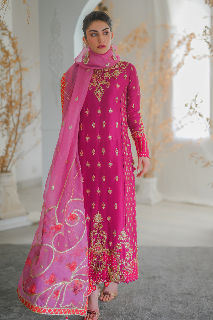 Pakistani Fuchsia Zardozi Raw Silk Salwar Kameez (3-Piece) - Image 1