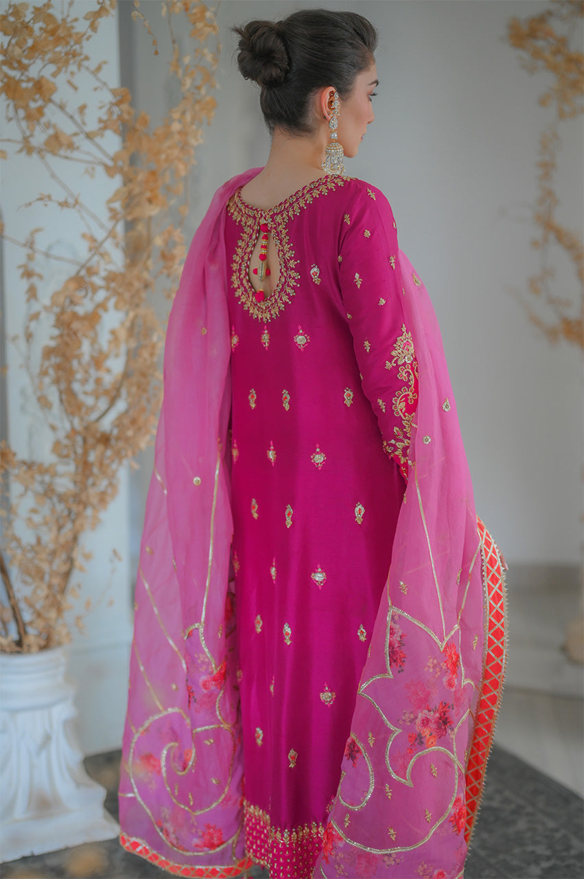 Pakistani Fuchsia Zardozi Raw Silk Salwar Kameez (3-Piece) - Image 2