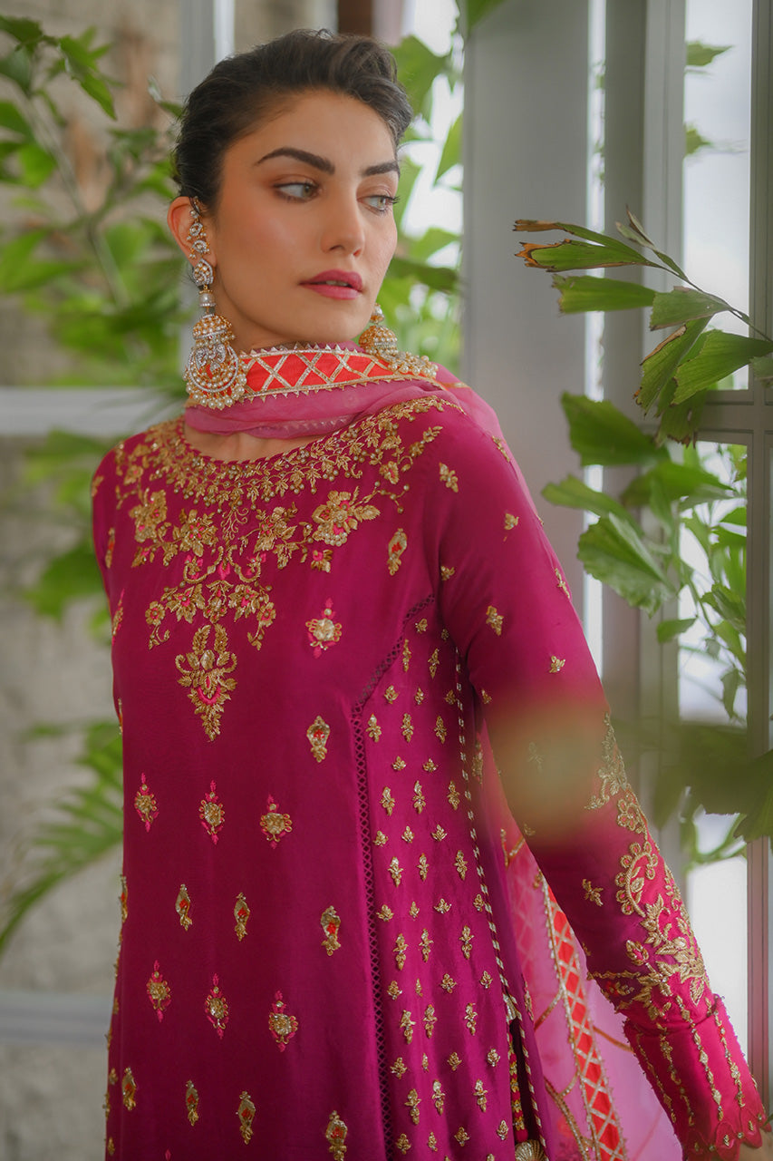 Pakistani Fuchsia Zardozi Raw Silk Salwar Kameez (3-Piece) - Image 3