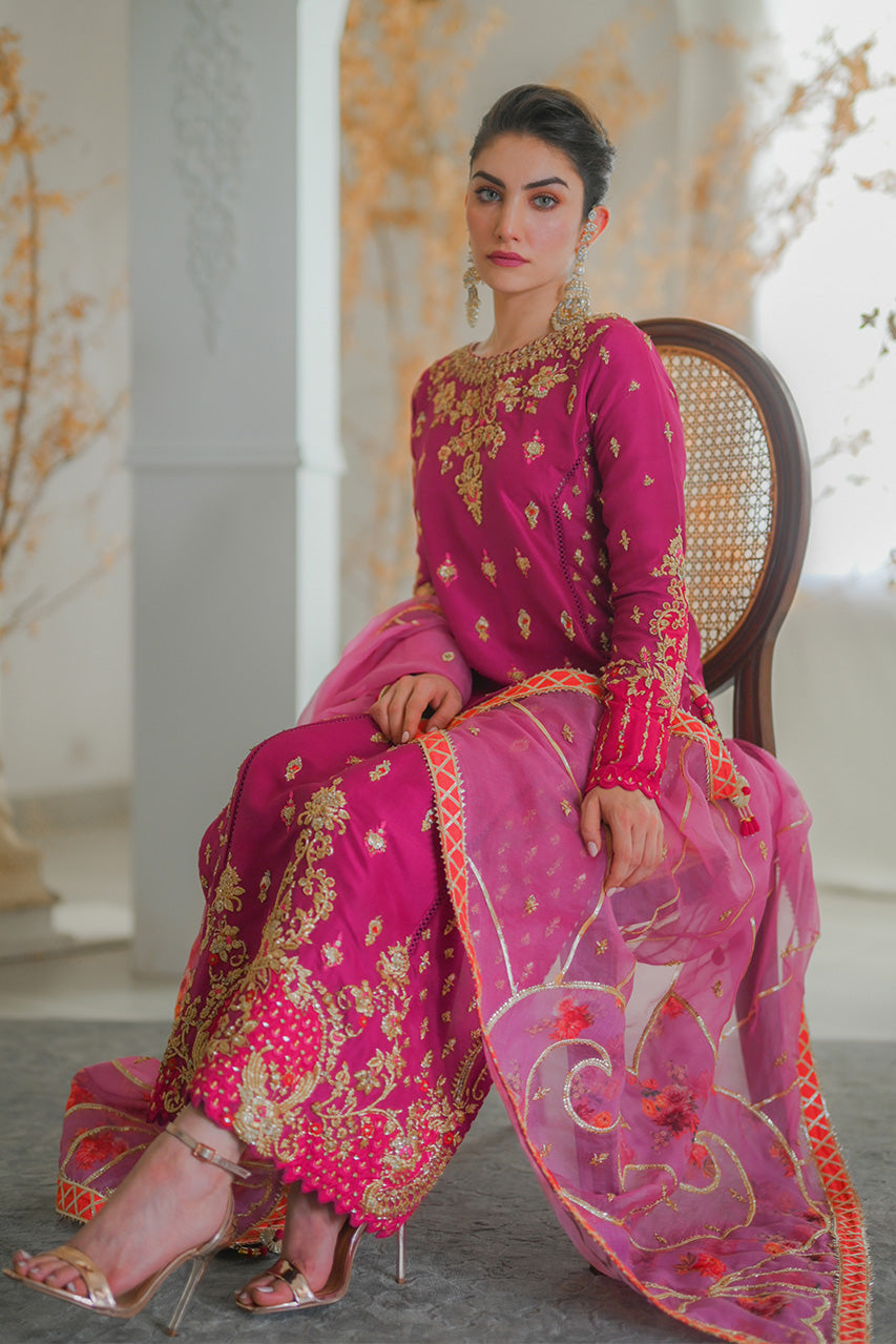 Pakistani Fuchsia Zardozi Raw Silk Salwar Kameez (3-Piece) - Image 4