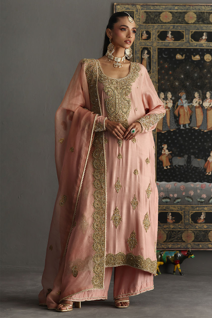 Blush Pink Zardozi Raw Silk Salwar Kameez (3-Piece) - Image 1