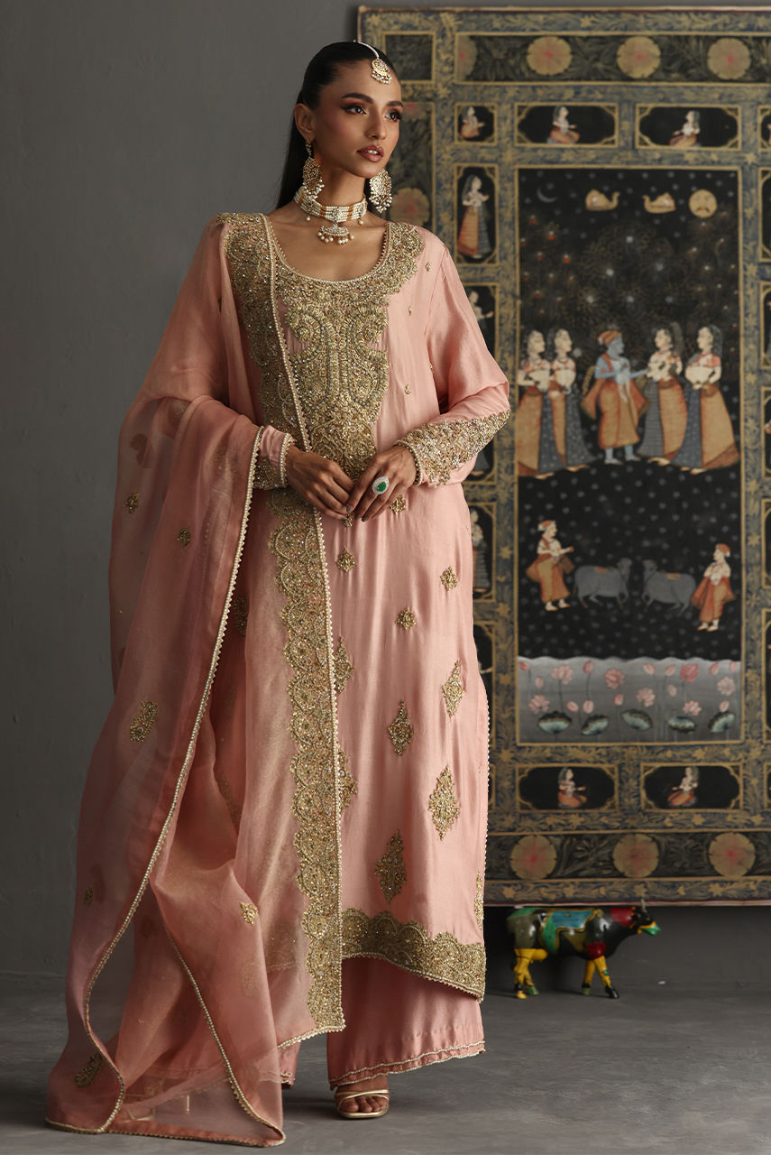 Blush Pink Zardozi Raw Silk Salwar Kameez (3-Piece) - Image 5
