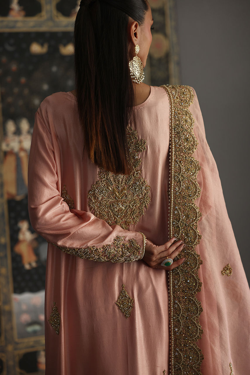 Blush Pink Zardozi Raw Silk Salwar Kameez (3-Piece) - Image 9