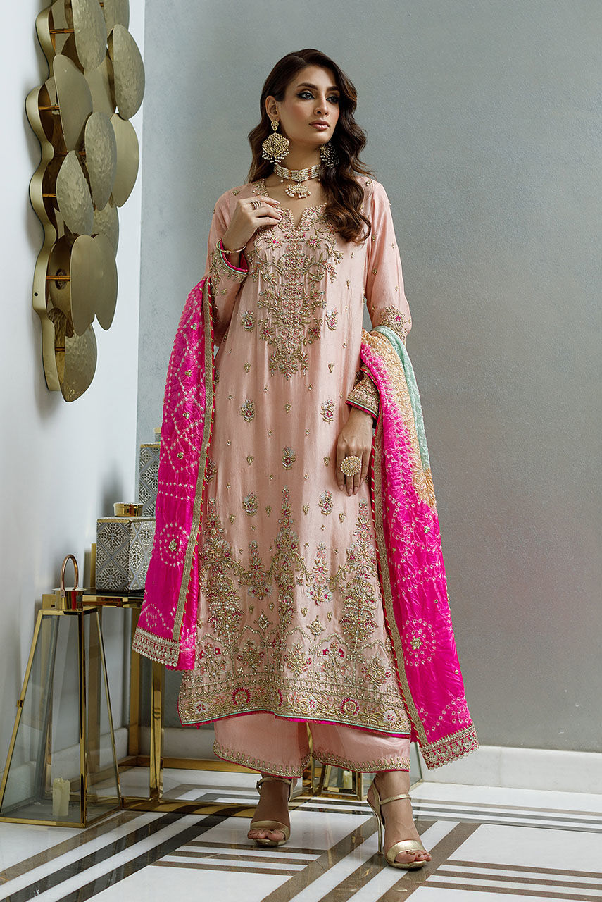 Pakistani Blush Pink Handworked Raw Silk Salwar Kameez (3-Piece) - Image 1