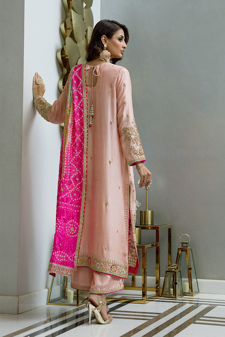 Pakistani Blush Pink Handworked Raw Silk Salwar Kameez (3-Piece) - Image 3