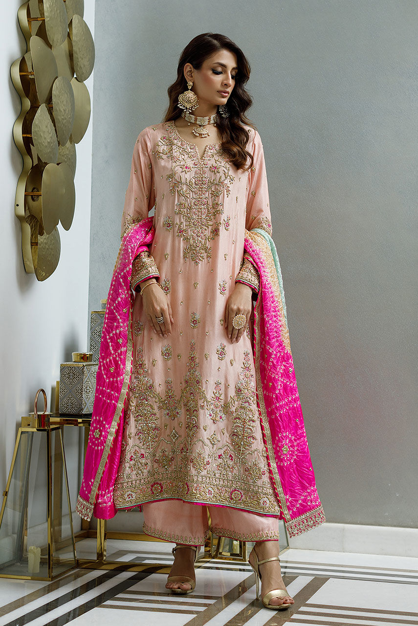 Pakistani Blush Pink Handworked Raw Silk Salwar Kameez (3-Piece) - Image 4