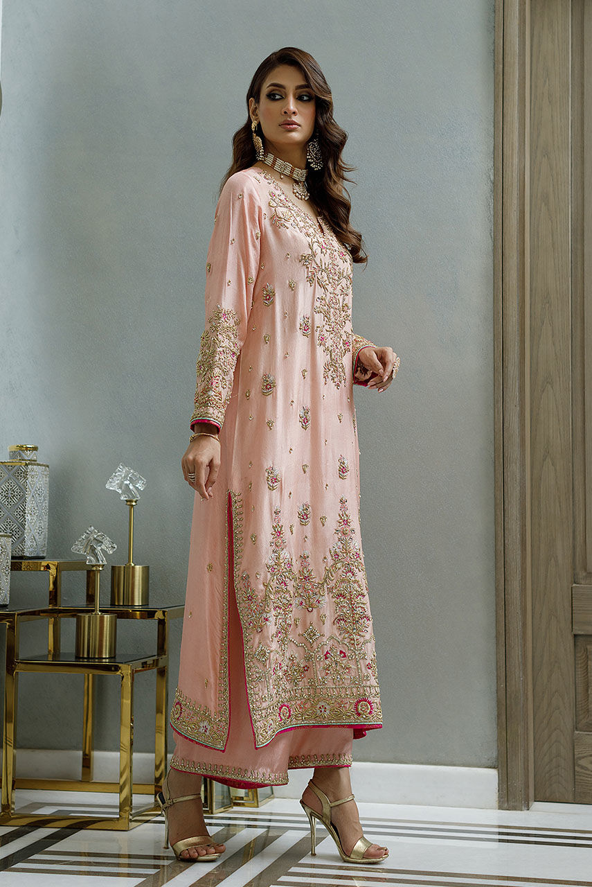 Pakistani Blush Pink Handworked Raw Silk Salwar Kameez (3-Piece) - Image 6