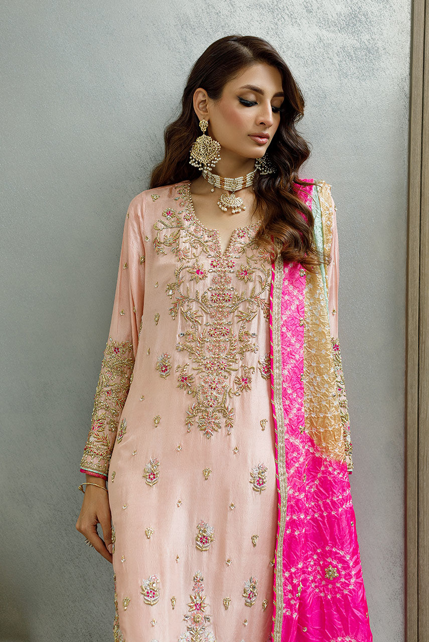 Pakistani Blush Pink Handworked Raw Silk Salwar Kameez (3-Piece) - Image 7