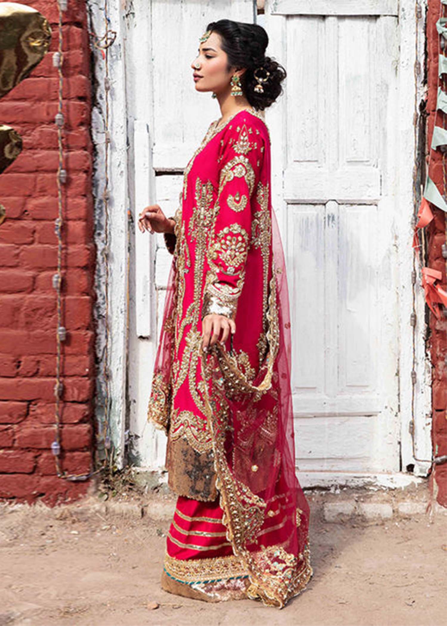 Pakistani Fuchsia Gota Zardozi Raw Silk Salwar Kameez (3-Piece) - Image 1