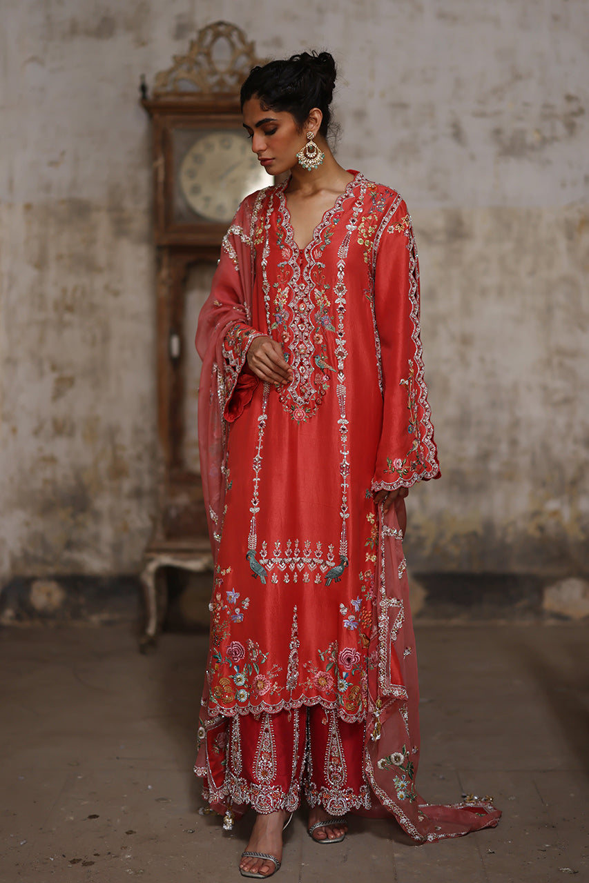 Pakistani Fuchsia Pink Zardozi Raw Silk Salwar Kameez (3-Piece) - Image 3