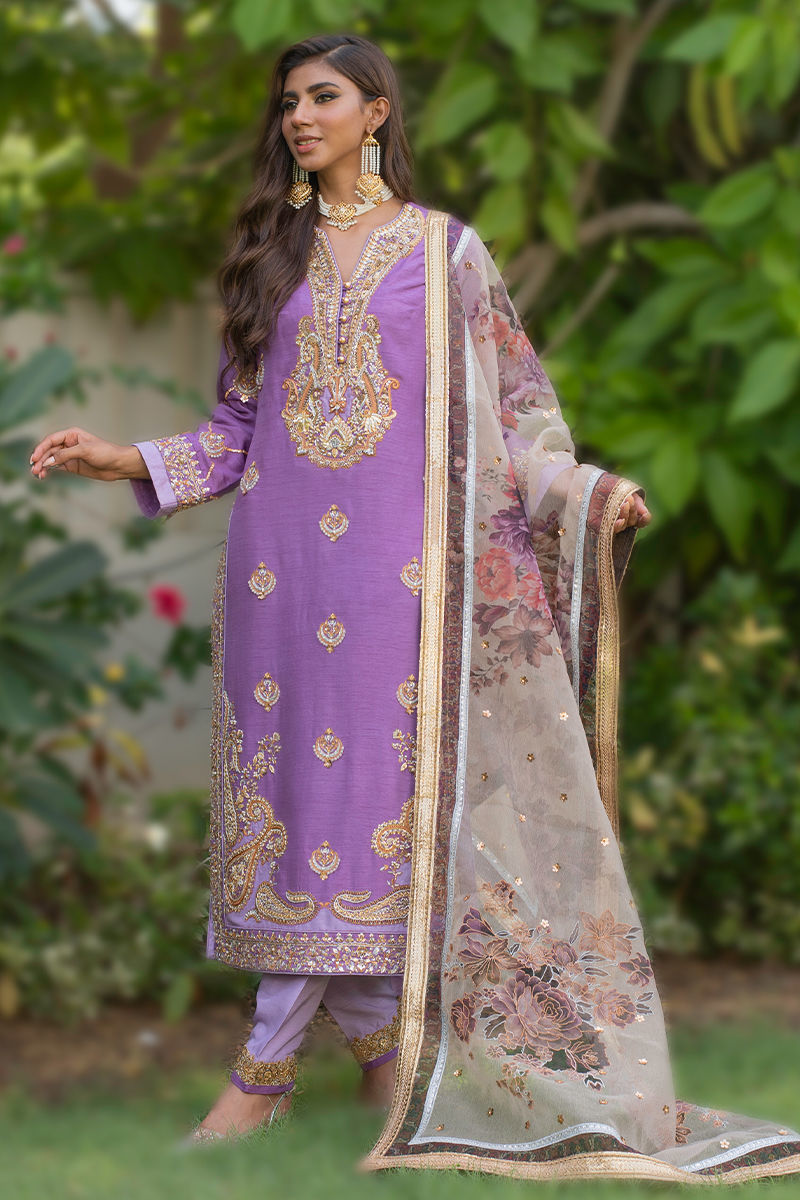 Pakistani Mauve Zardozi Embroidered Raw Silk Salwar Kameez (3-Piece) - Image 1