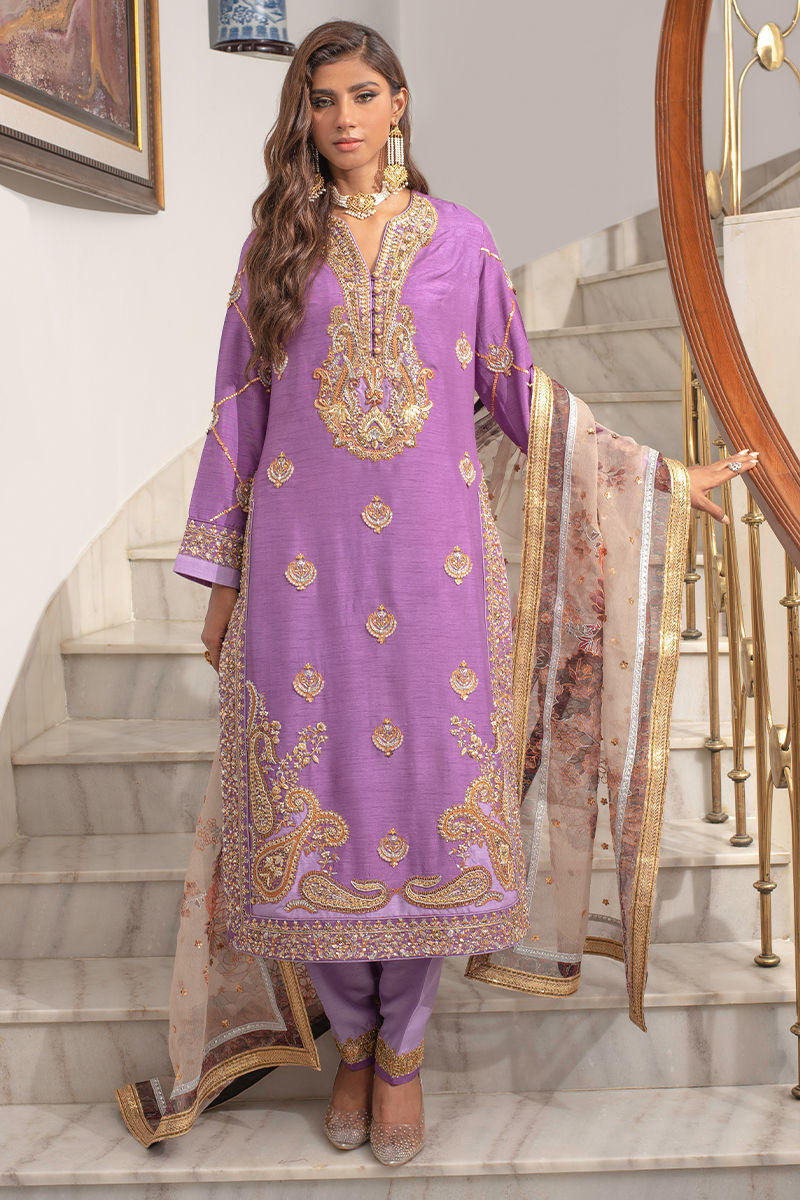 Pakistani Mauve Zardozi Embroidered Raw Silk Salwar Kameez (3-Piece) - Image 2
