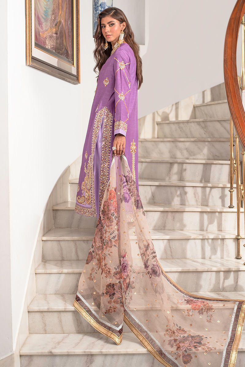 Pakistani Mauve Zardozi Embroidered Raw Silk Salwar Kameez (3-Piece) - Image 3