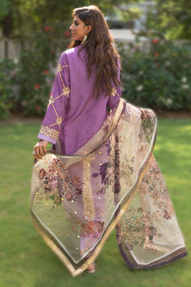 Pakistani Mauve Zardozi Embroidered Raw Silk Salwar Kameez (3-Piece) - Image 5