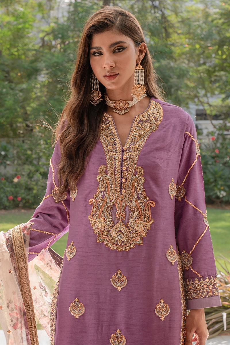 Pakistani Mauve Zardozi Embroidered Raw Silk Salwar Kameez (3-Piece) - Image 7