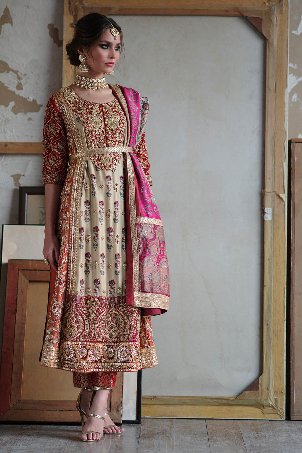 Pakistani Pink Zardozi Embroidered Pure Raw Silk Long Kurta (3-Piece) - Image 1