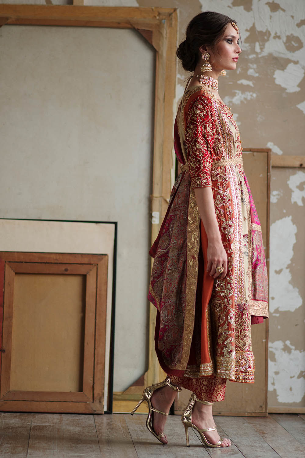 Pakistani Pink Zardozi Embroidered Pure Raw Silk Long Kurta (3-Piece) - Image 2