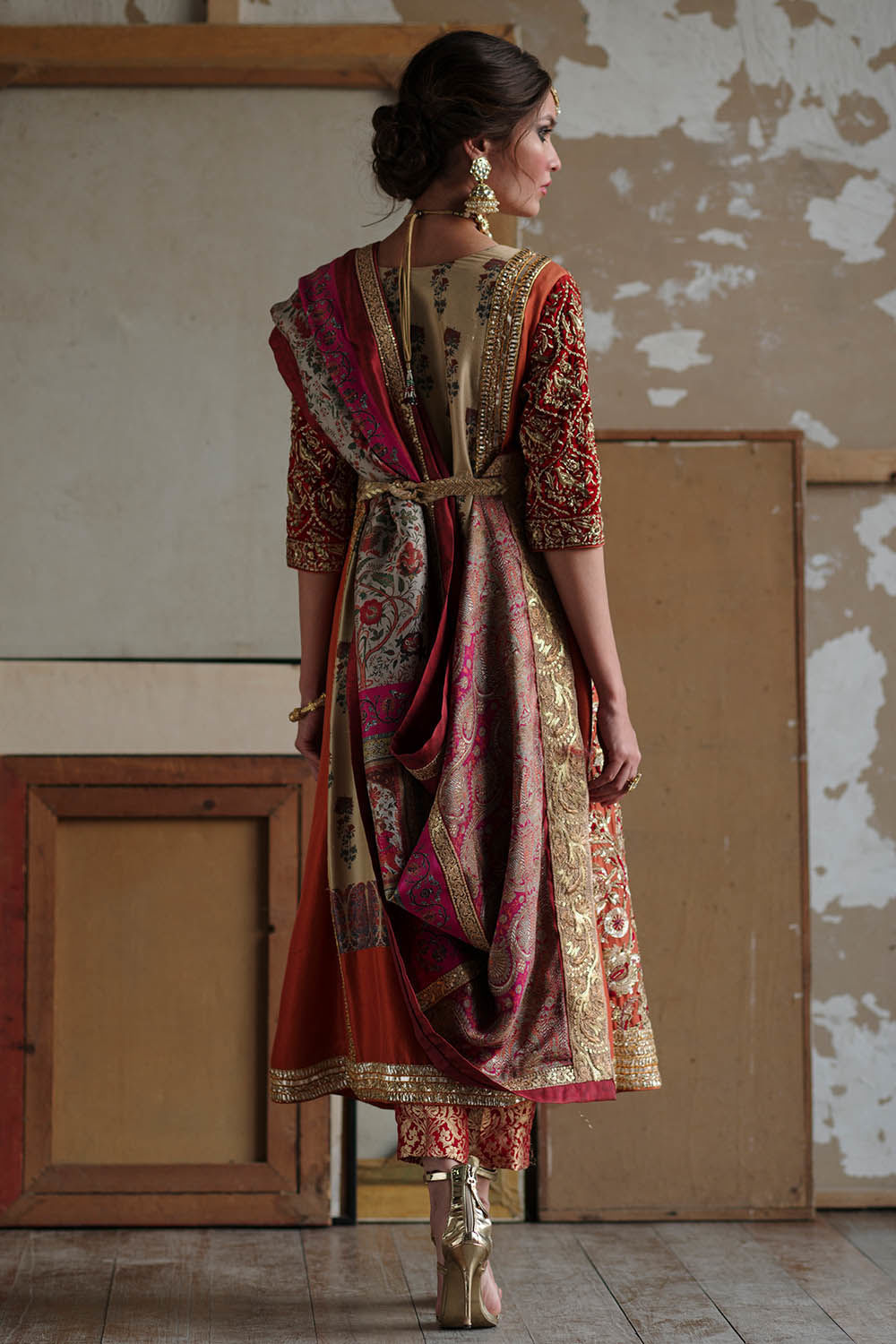 Pakistani Pink Zardozi Embroidered Pure Raw Silk Long Kurta (3-Piece) - Image 3