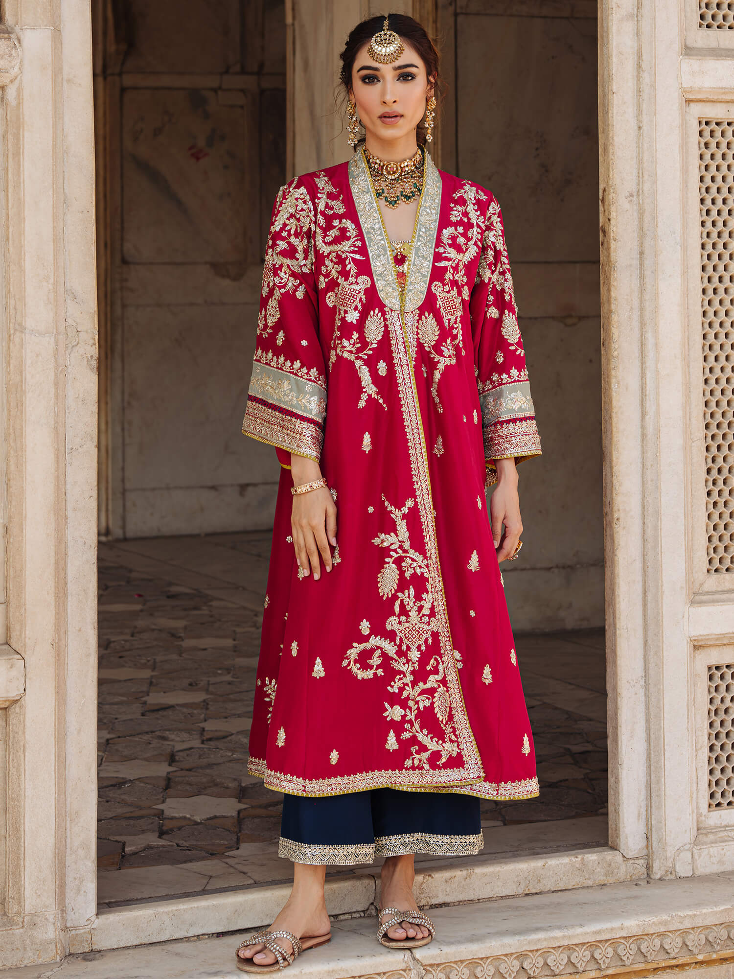 Pakistani Rani Pink Embroidered Raw Silk Chogha Set (2-Piece) - Image 1