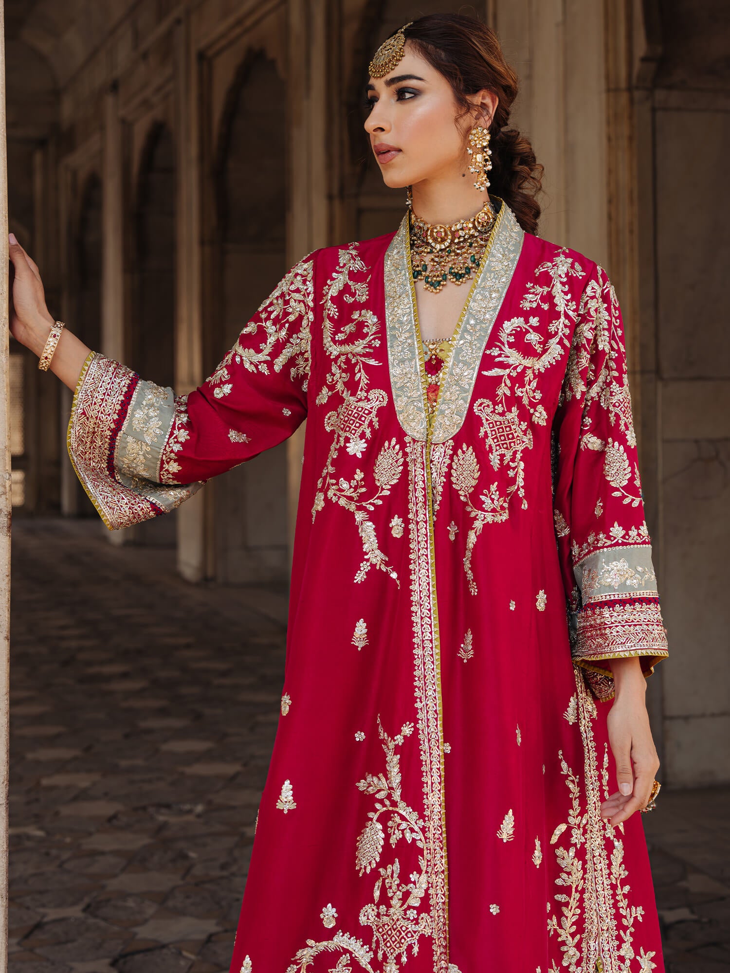 Pakistani Rani Pink Embroidered Raw Silk Chogha Set (2-Piece) - Image 2
