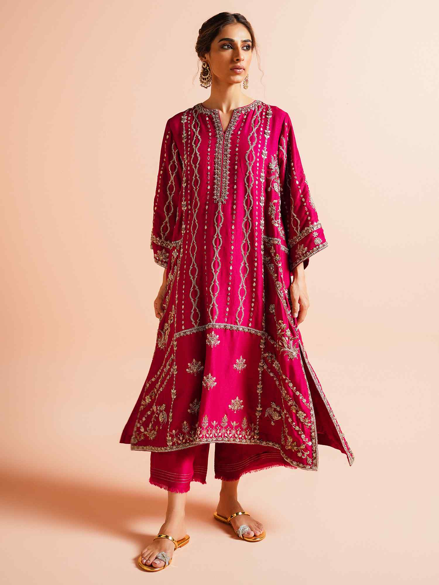 Rani Pink Zardozi Raw Silk Kurta Set (2-Piece) - Image 1