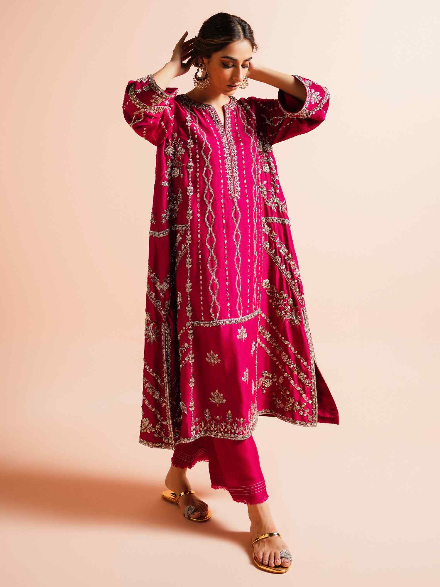 Rani Pink Zardozi Raw Silk Kurta Set (2-Piece) - Image 2