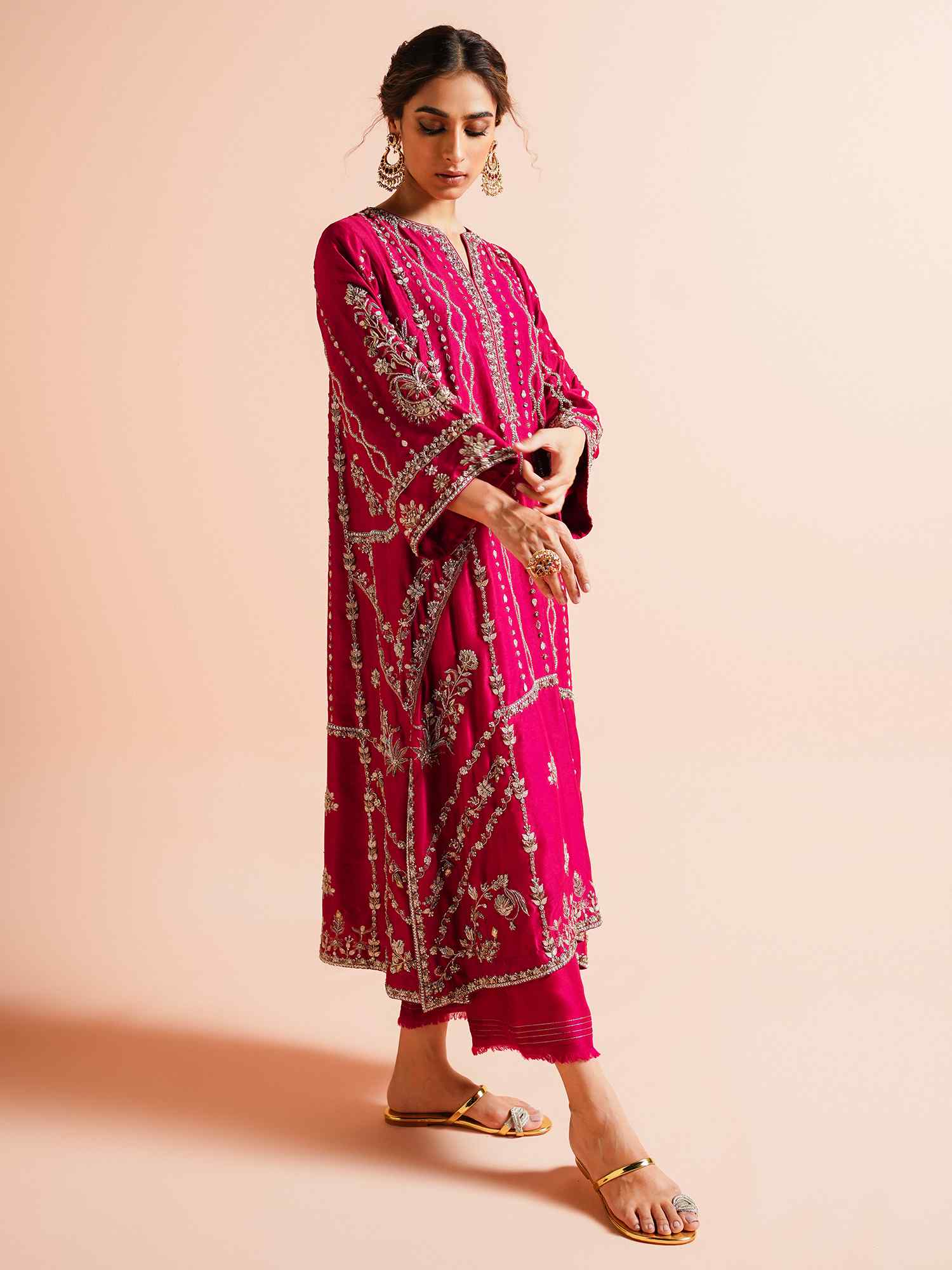 Rani Pink Zardozi Raw Silk Kurta Set (2-Piece) - Image 3