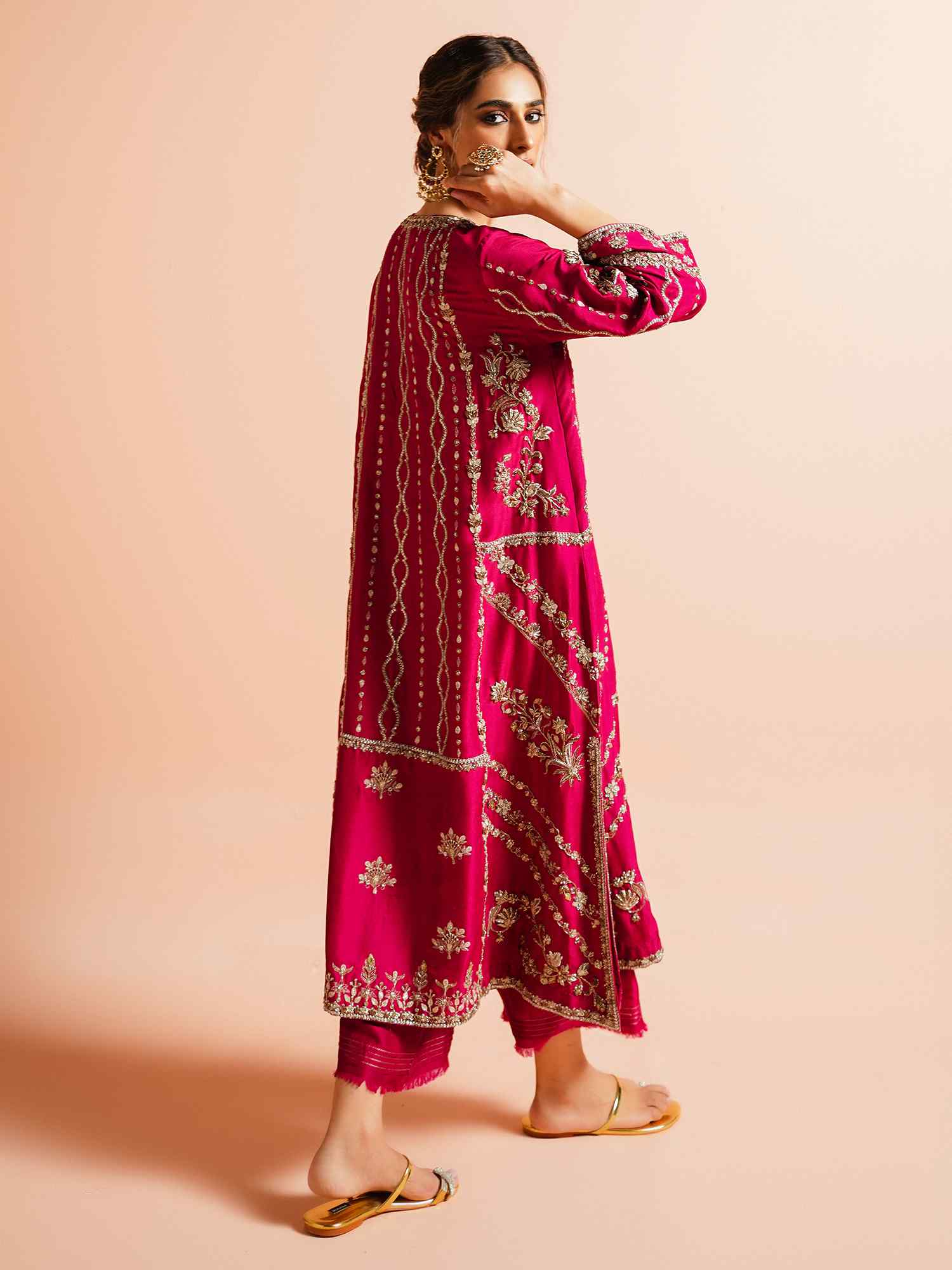 Rani Pink Zardozi Raw Silk Kurta Set (2-Piece) - Image 4
