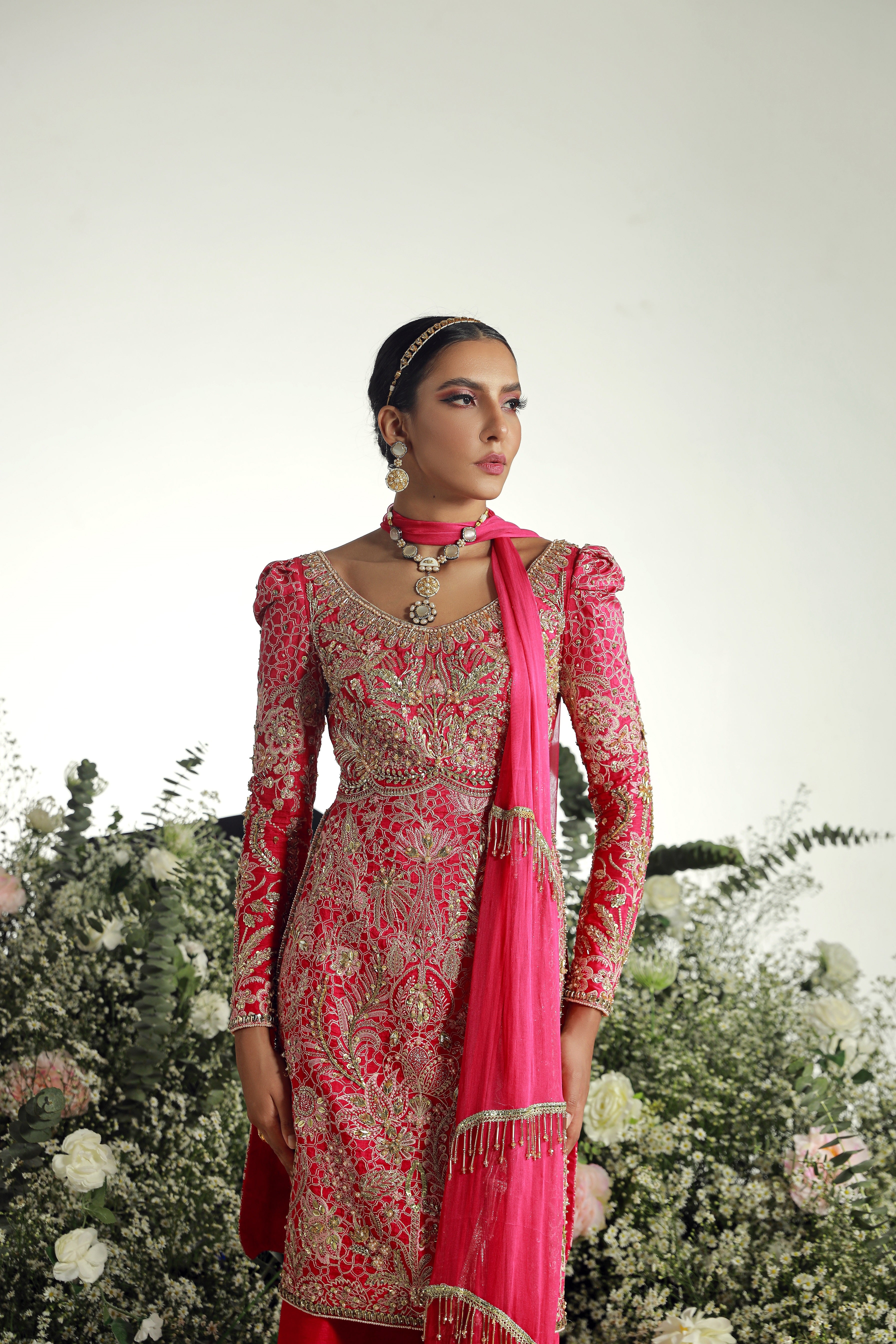 Pakistani Vivid Pink Gold Embroidered Raw Silk Kurta Set (3-Piece) - Image 4