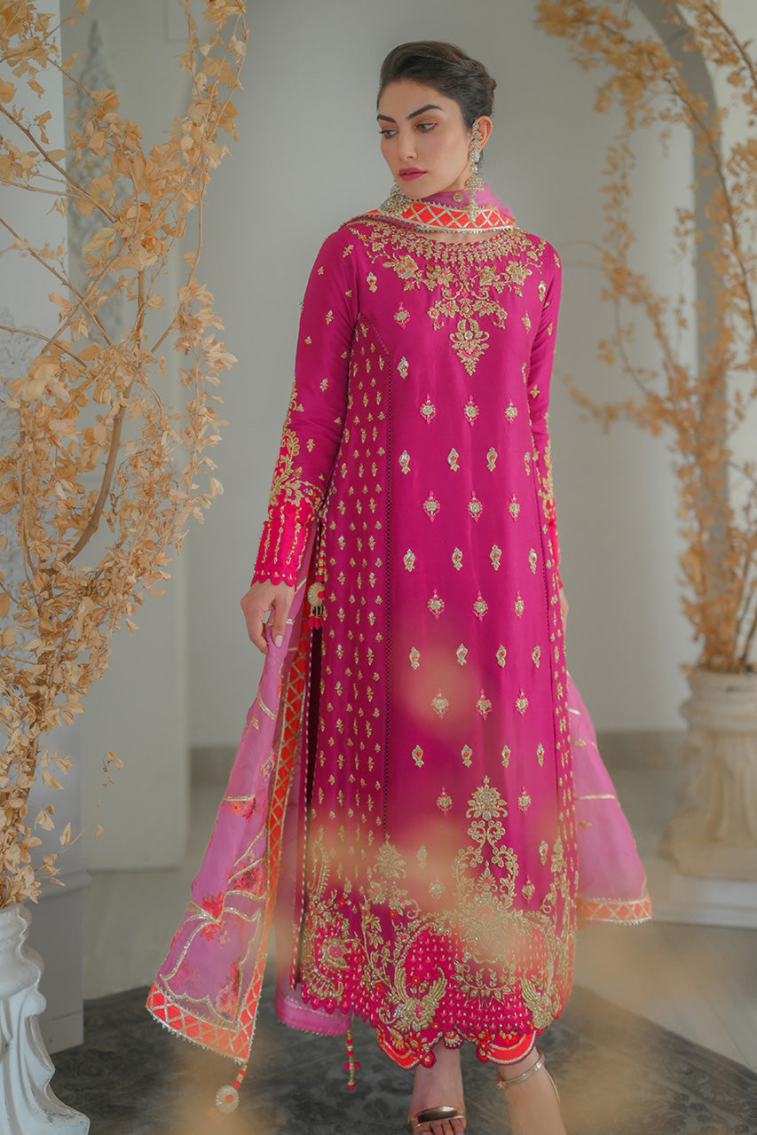 Pakistani Fuchsia Zardozi Raw Silk Salwar Kameez (3-Piece) - Image 5