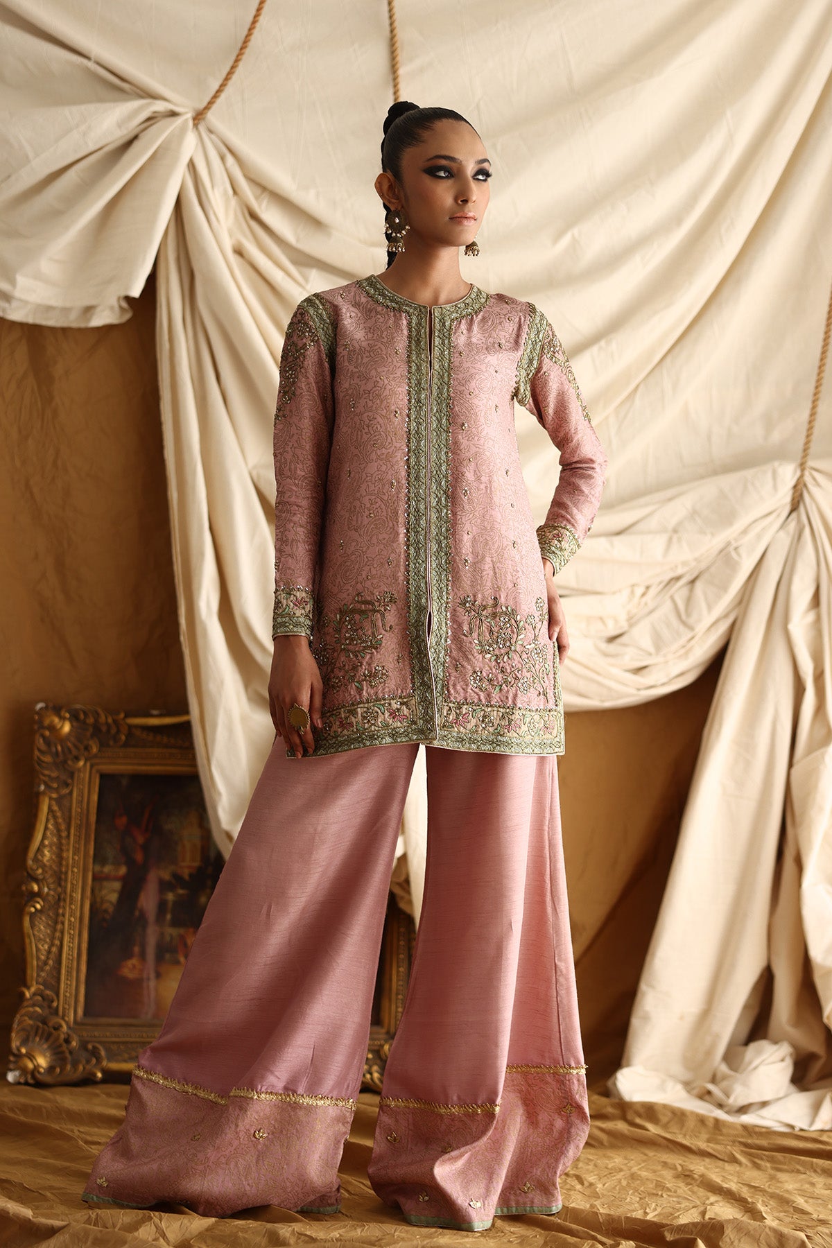 Tea Pink Zardozi Raw Silk Jacket & Pants (2-Piece) - Image 1